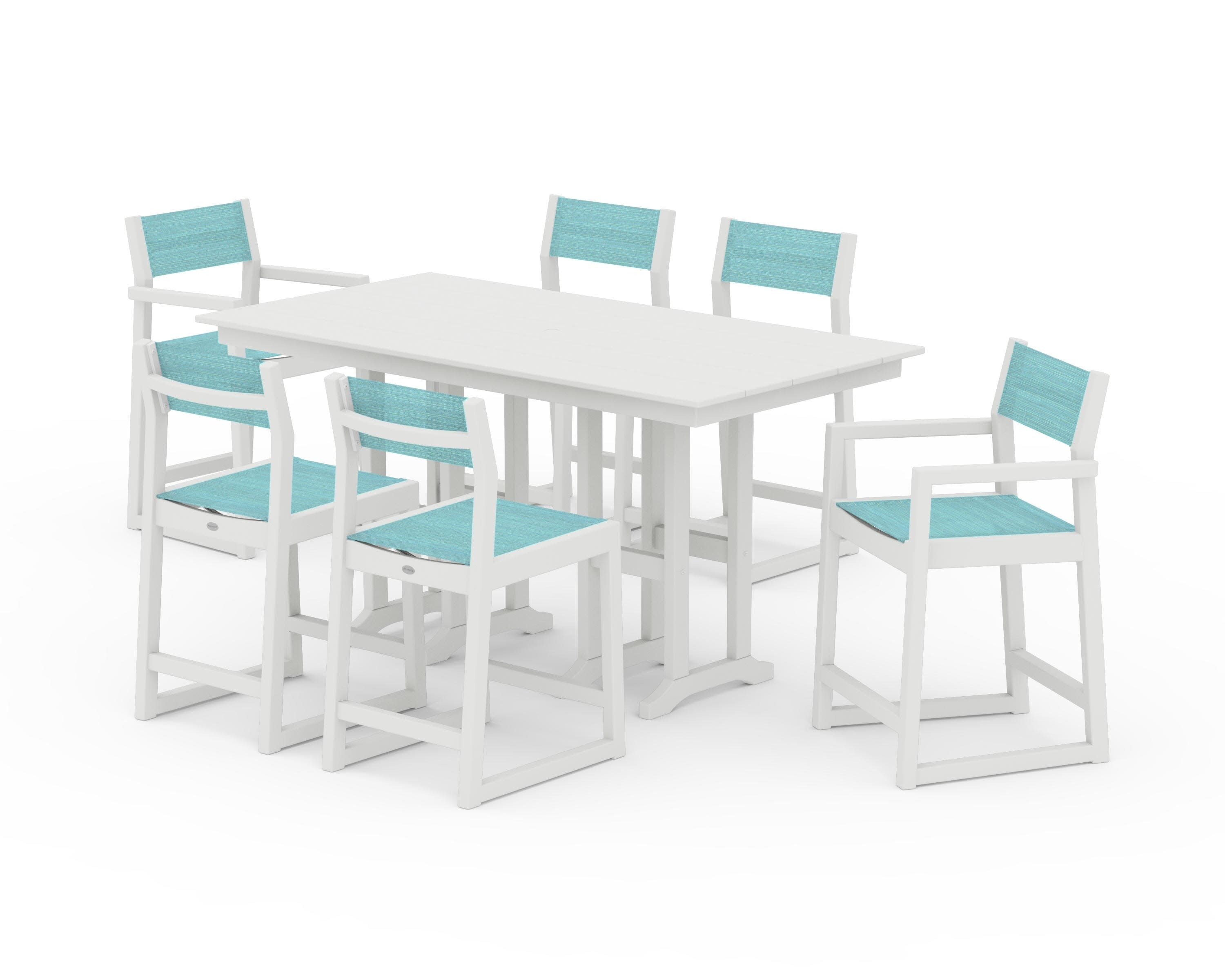 EDGE Sling 7-Piece Farmhouse Counter Set in Vintage White / Dupioni Aquamarine Sling