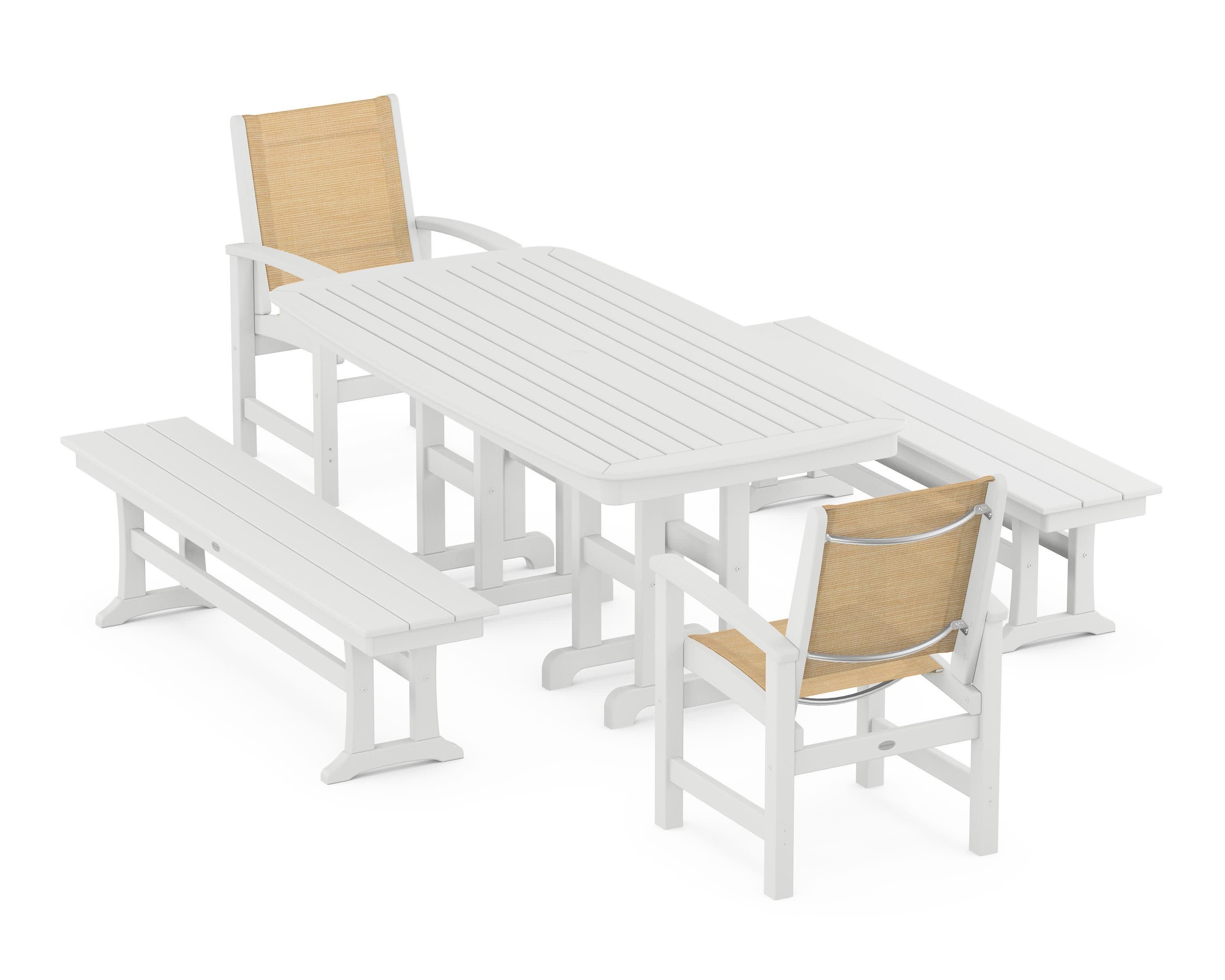 Coastal 5-Piece Dining Set in White / Dupioni Apricot Sling