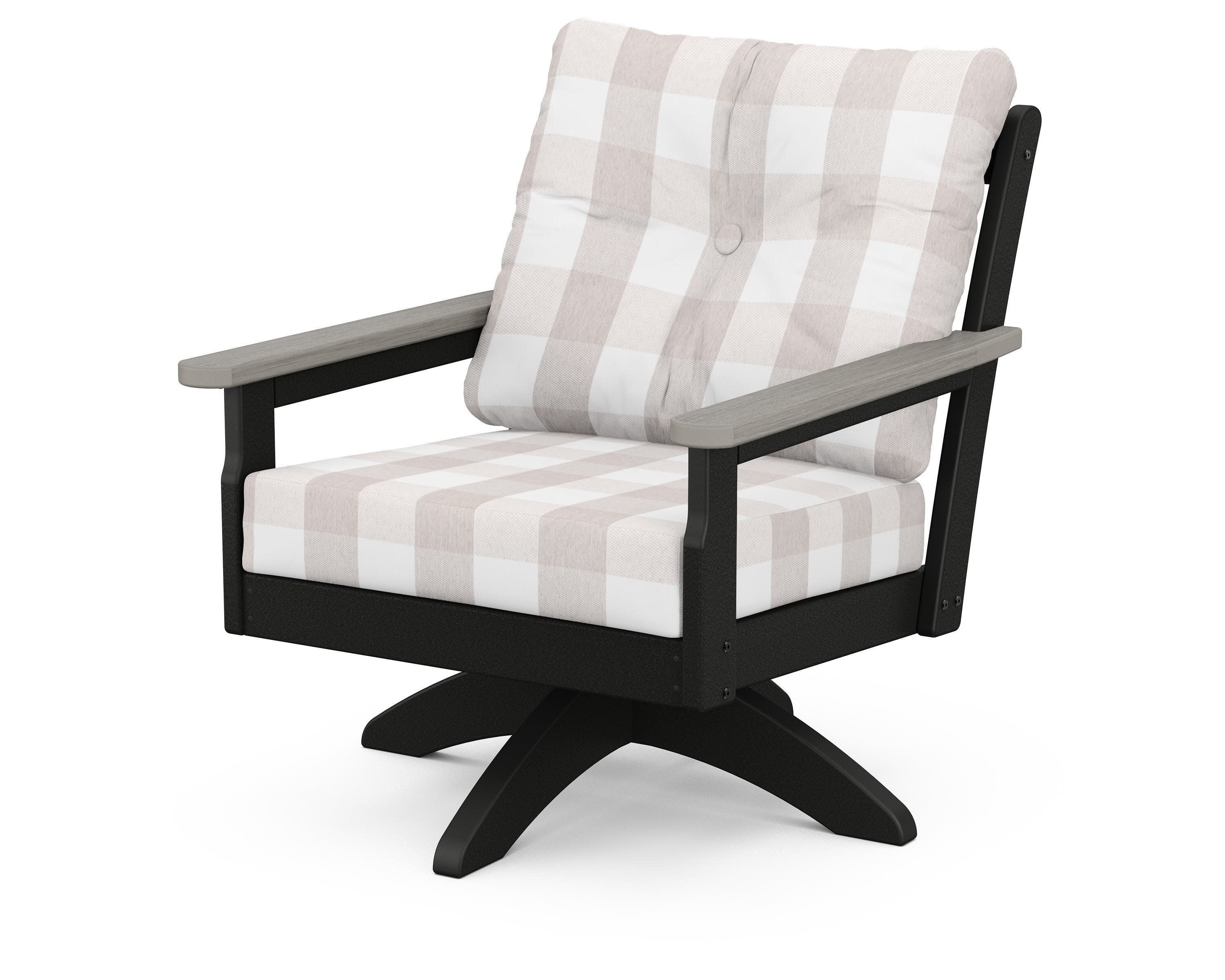 Vineyard Deep Seating Swivel Chair in Black / Driftwood / Buffalo Plaid Dune Burlap