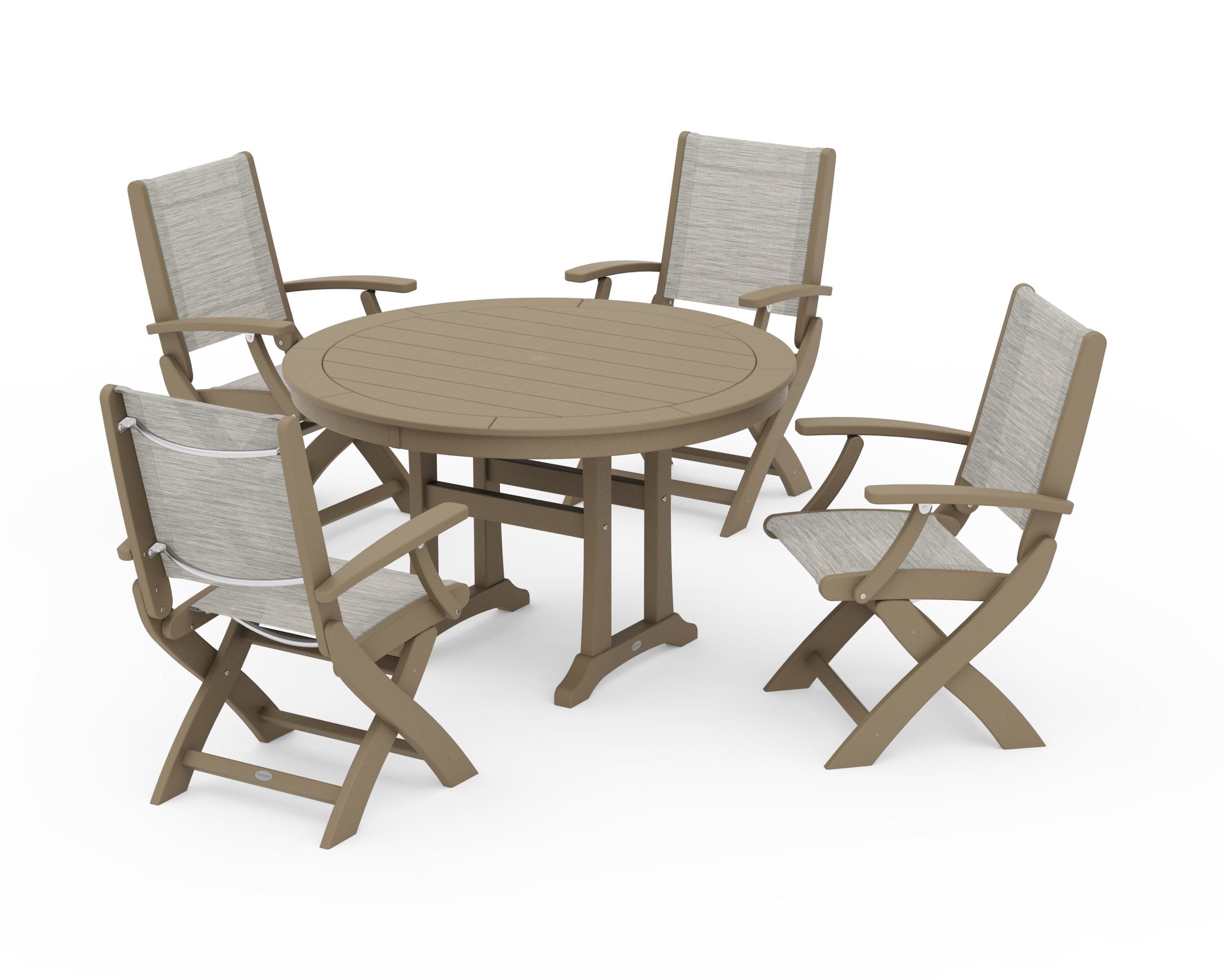 Coastal Folding Chair 5-Piece Round Dining Set with Trestle Legs in Vintage Sahara / Birch Sling
