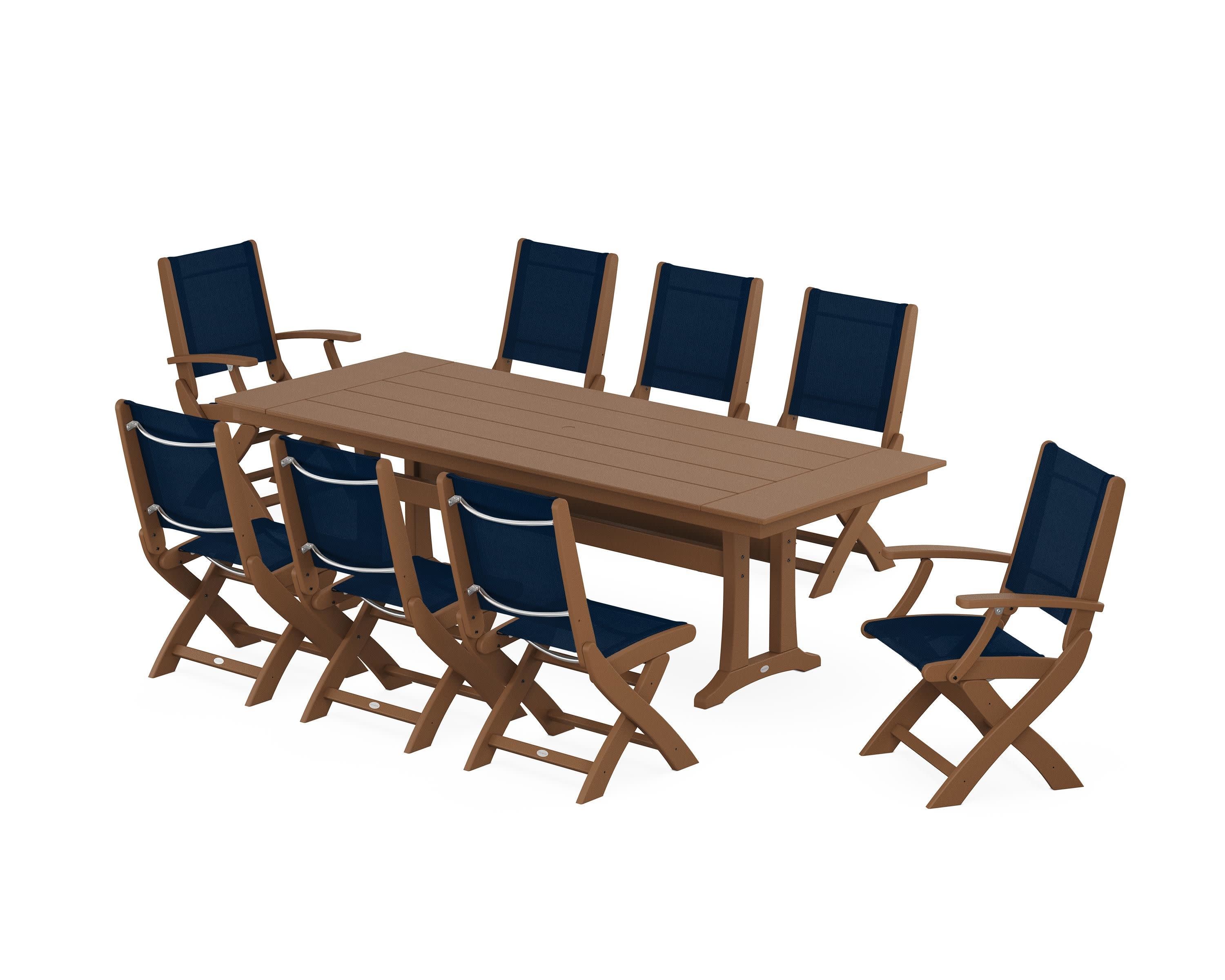 Coastal 9-Piece Folding Dining Chair Farmhouse Dining Set with Trestle Legs in Teak / Navy Blue Sling