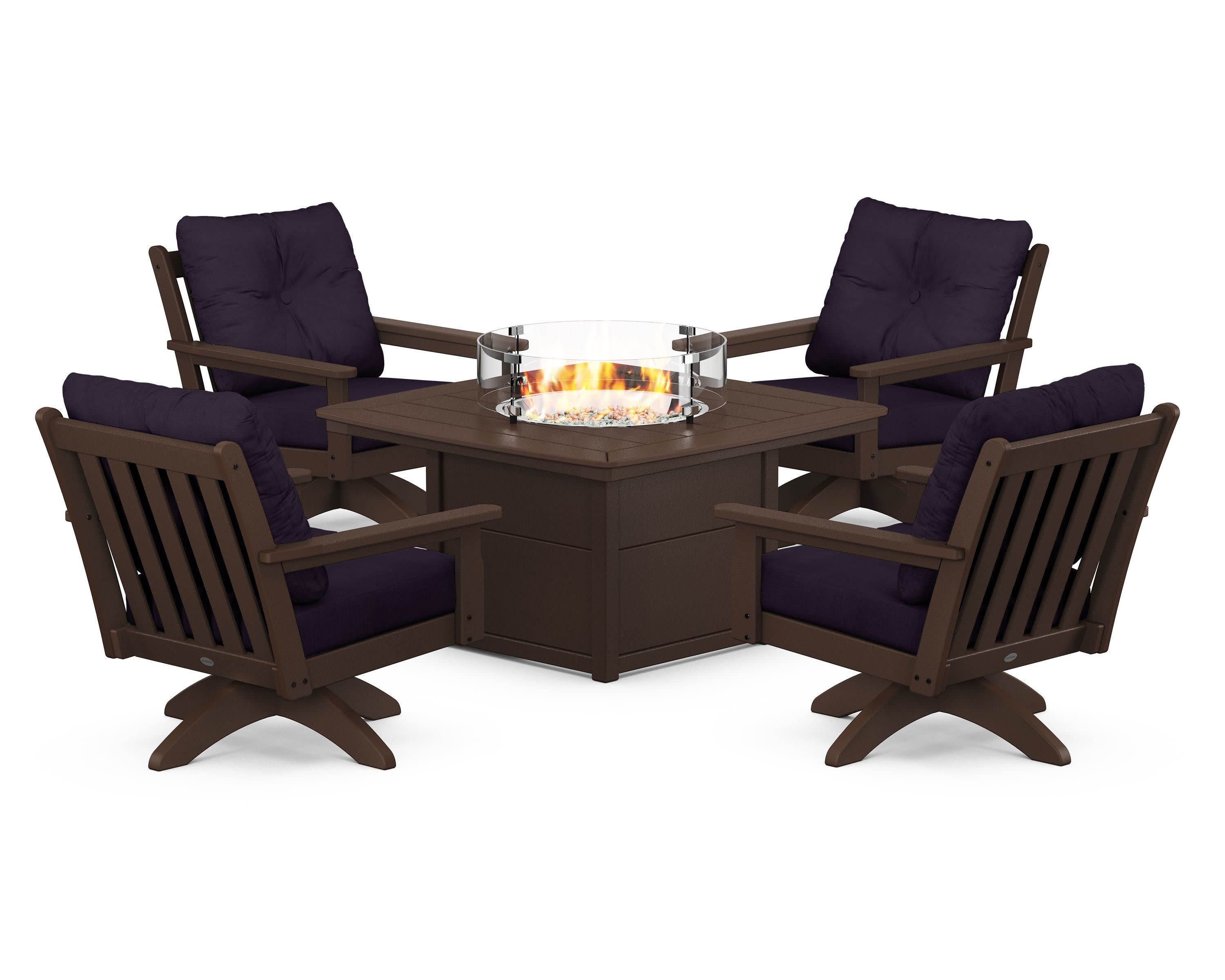 Vineyard 5-Piece Deep Seating Swivel Conversation Set with Fire Pit Table in Mahogany / Navy Linen