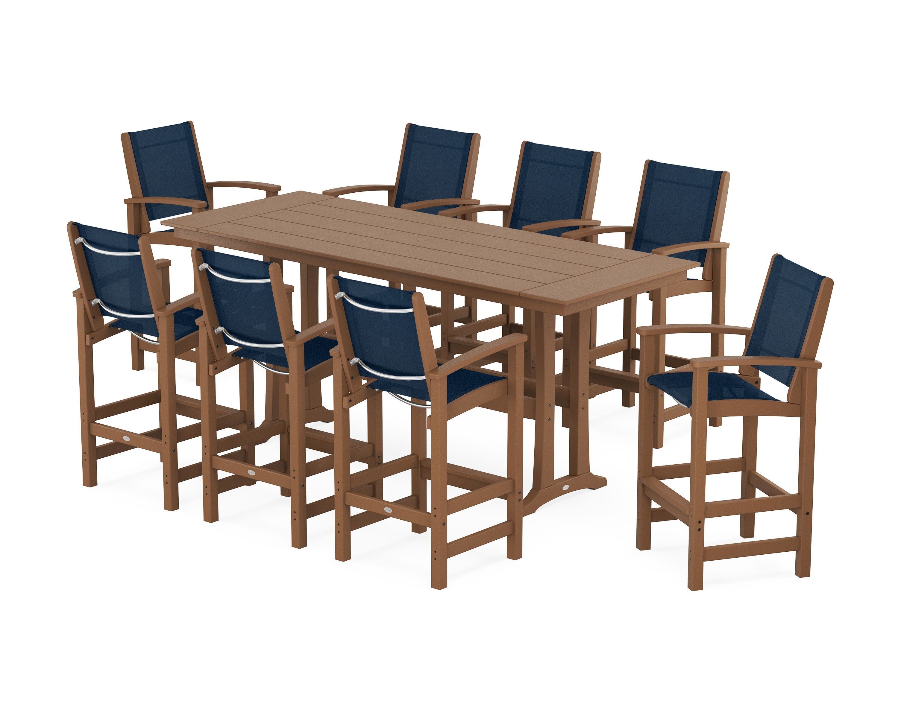 Coastal 9-Piece Farmhouse Bar Set with Trestle Legs in Teak / Navy Blue Sling