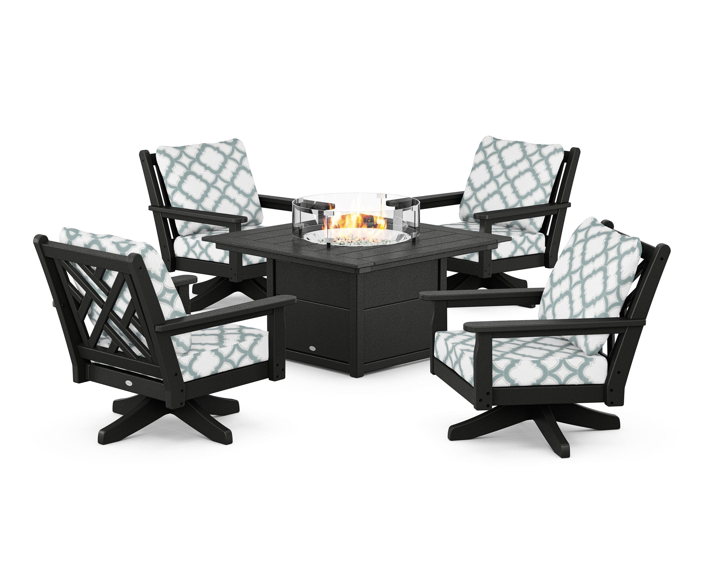 Chippendale 5-Piece Deep Seating Swivel Conversation Set with Fire Pit Table in Black / Trellis Glacier Spa