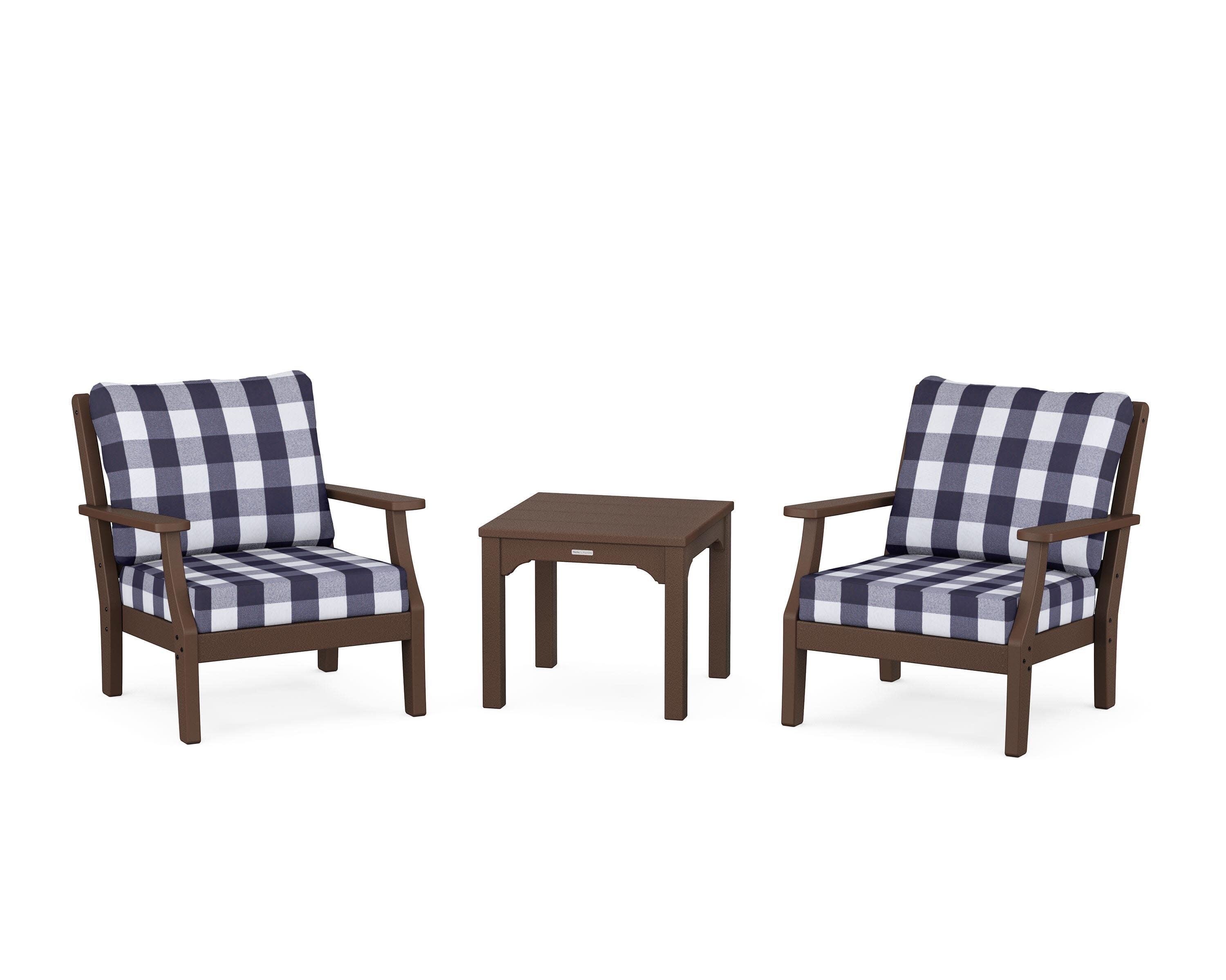 Chinoiserie 3-Piece Deep Seating Set in Mahogany / Buffalo Plaid Navy