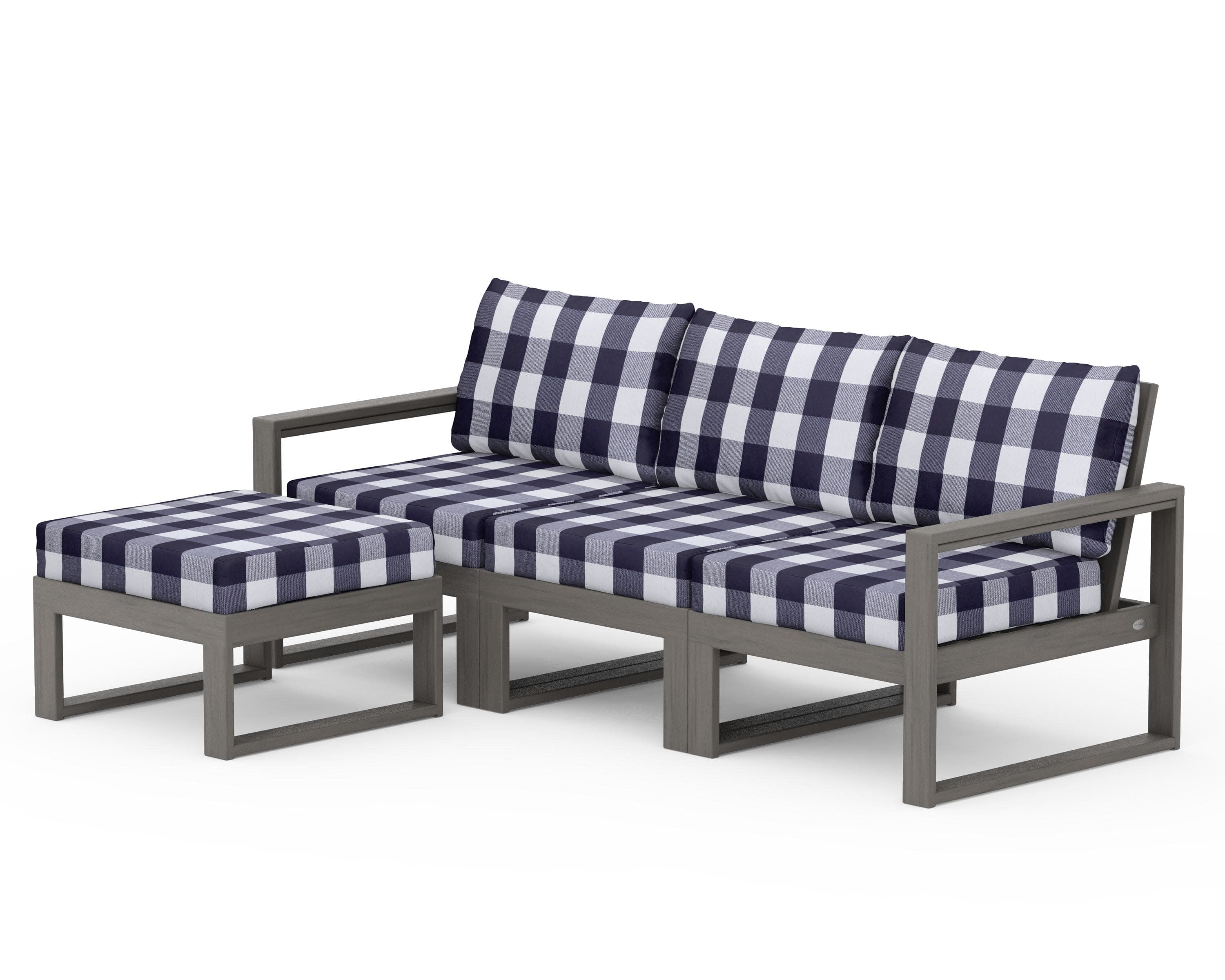 EDGE 4-Piece Modular Deep Seating Set with Ottoman in Driftwood / Buffalo Plaid Navy