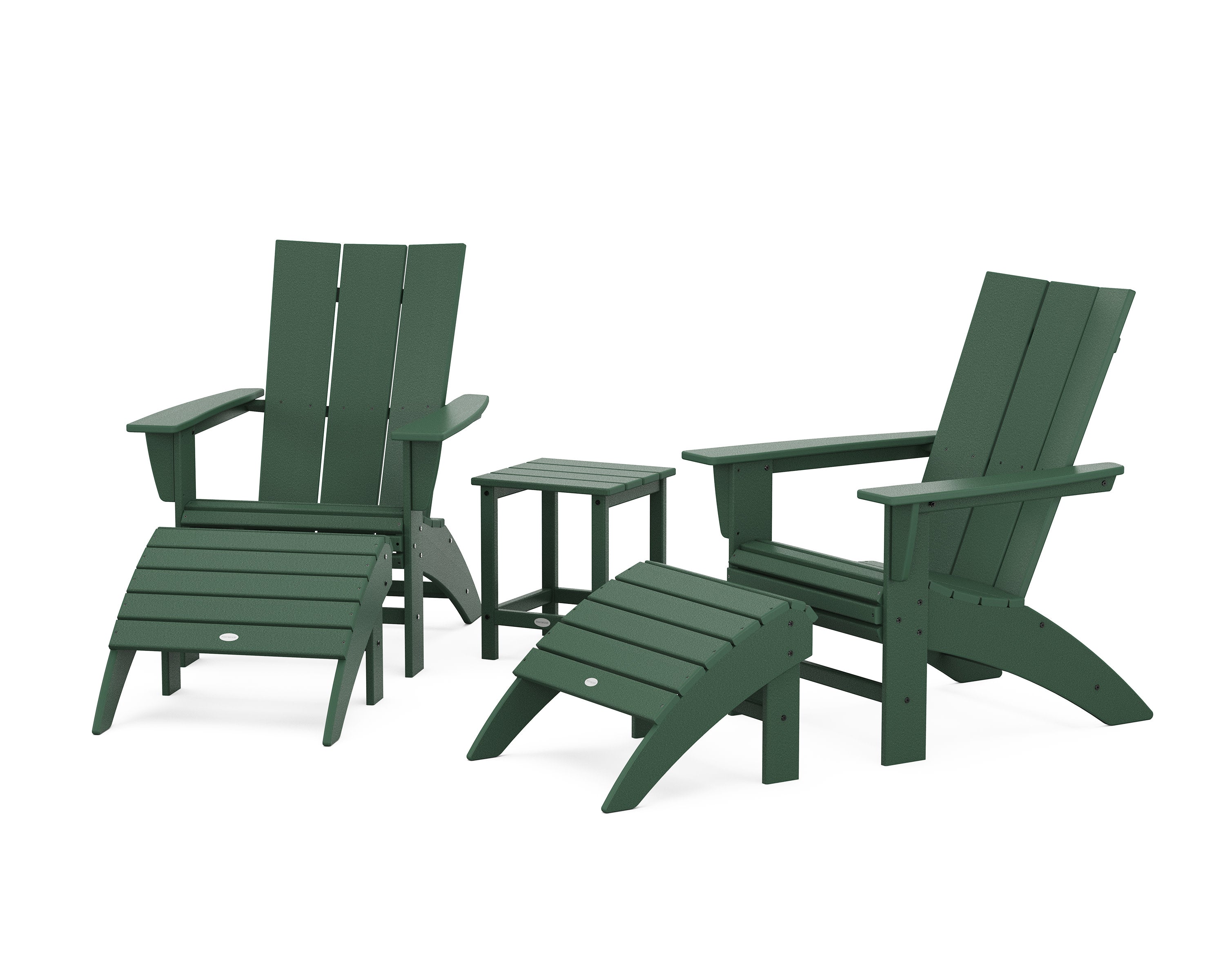 Modern Curveback Adirondack Chair 5-Piece Set with Ottomans and 18" Side Table in Green