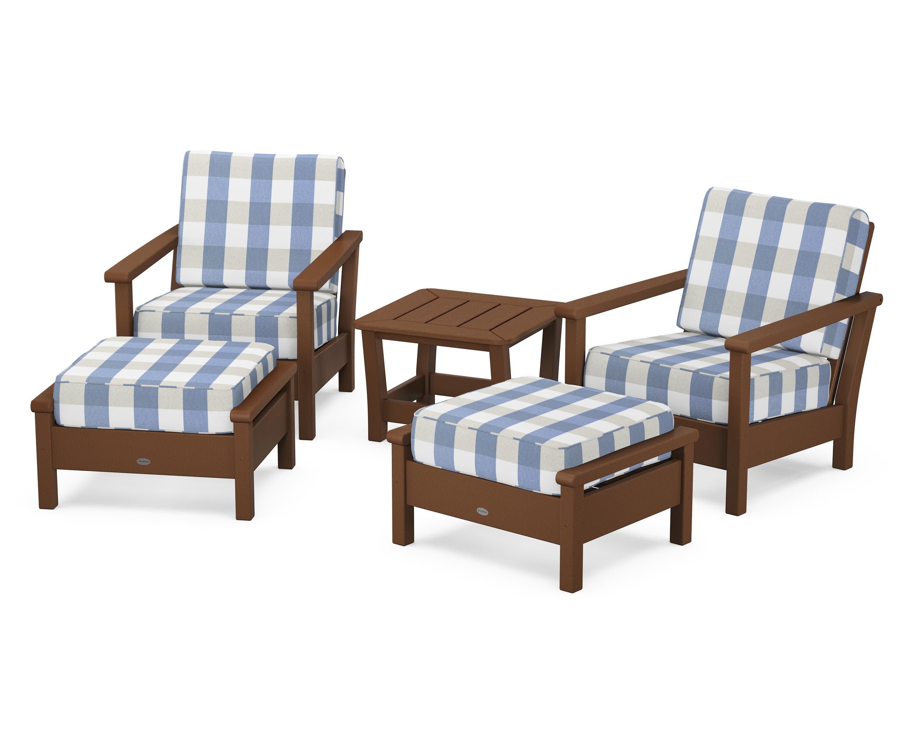 Harbour 5-Piece Deep Seating Chair Set in Teak / Buffalo Plaid Sky Blue