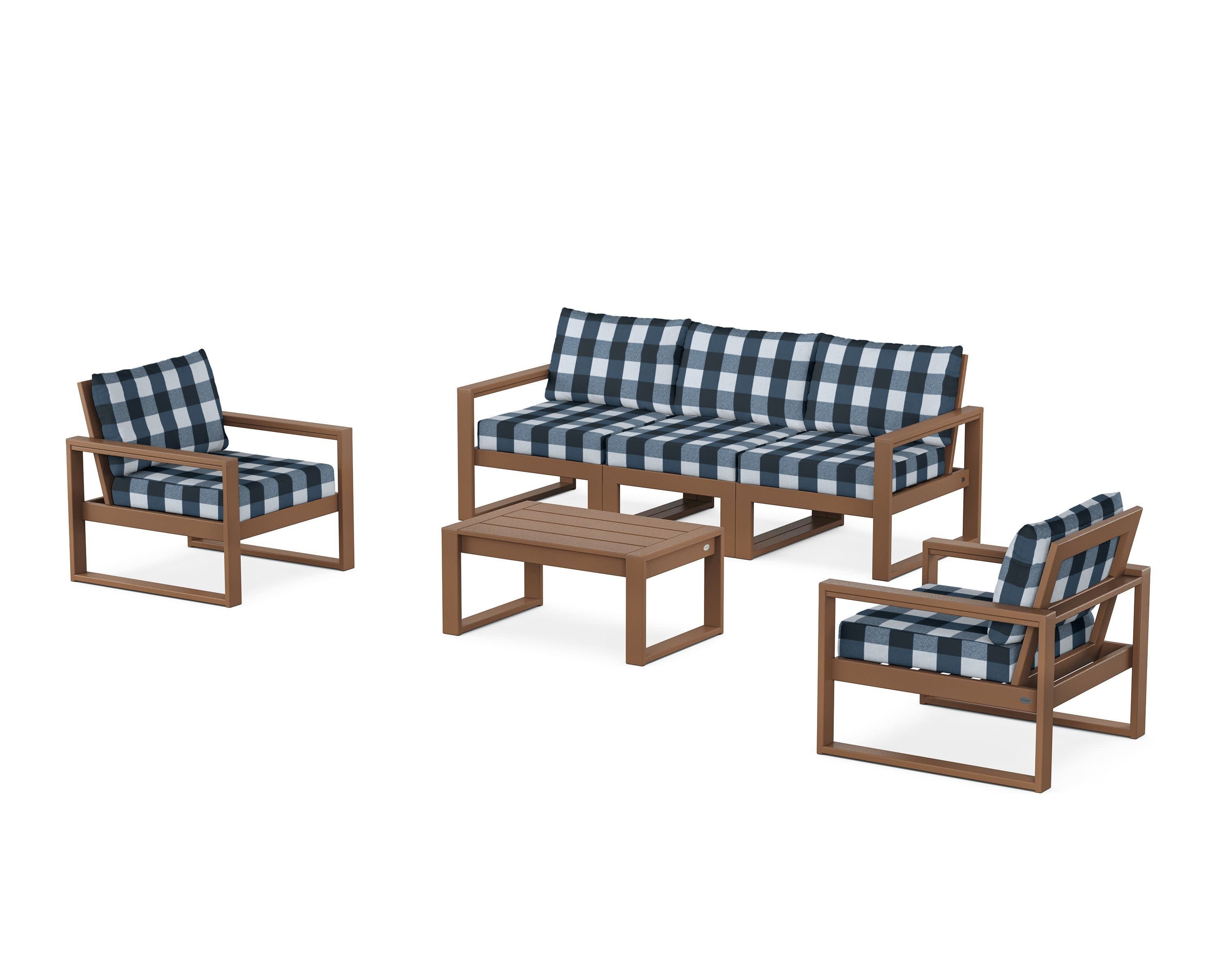 EDGE Sectional 4-Piece Deep Seating Set with Sofa in Teak / Buffalo Plaid Marine Indigo