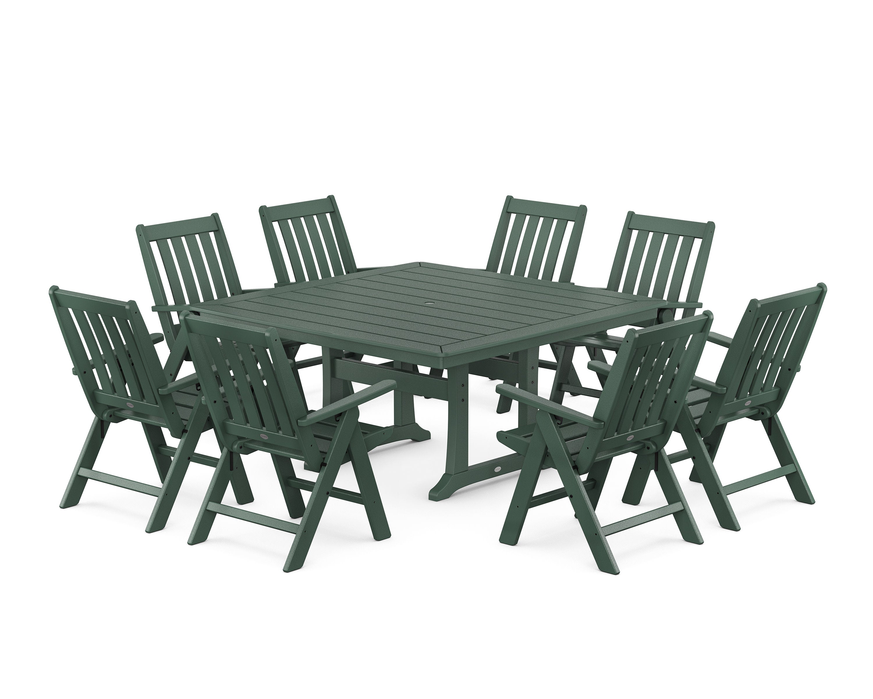 Vineyard Folding Chair 9-Piece Square Dining Set with Trestle Legs in Green