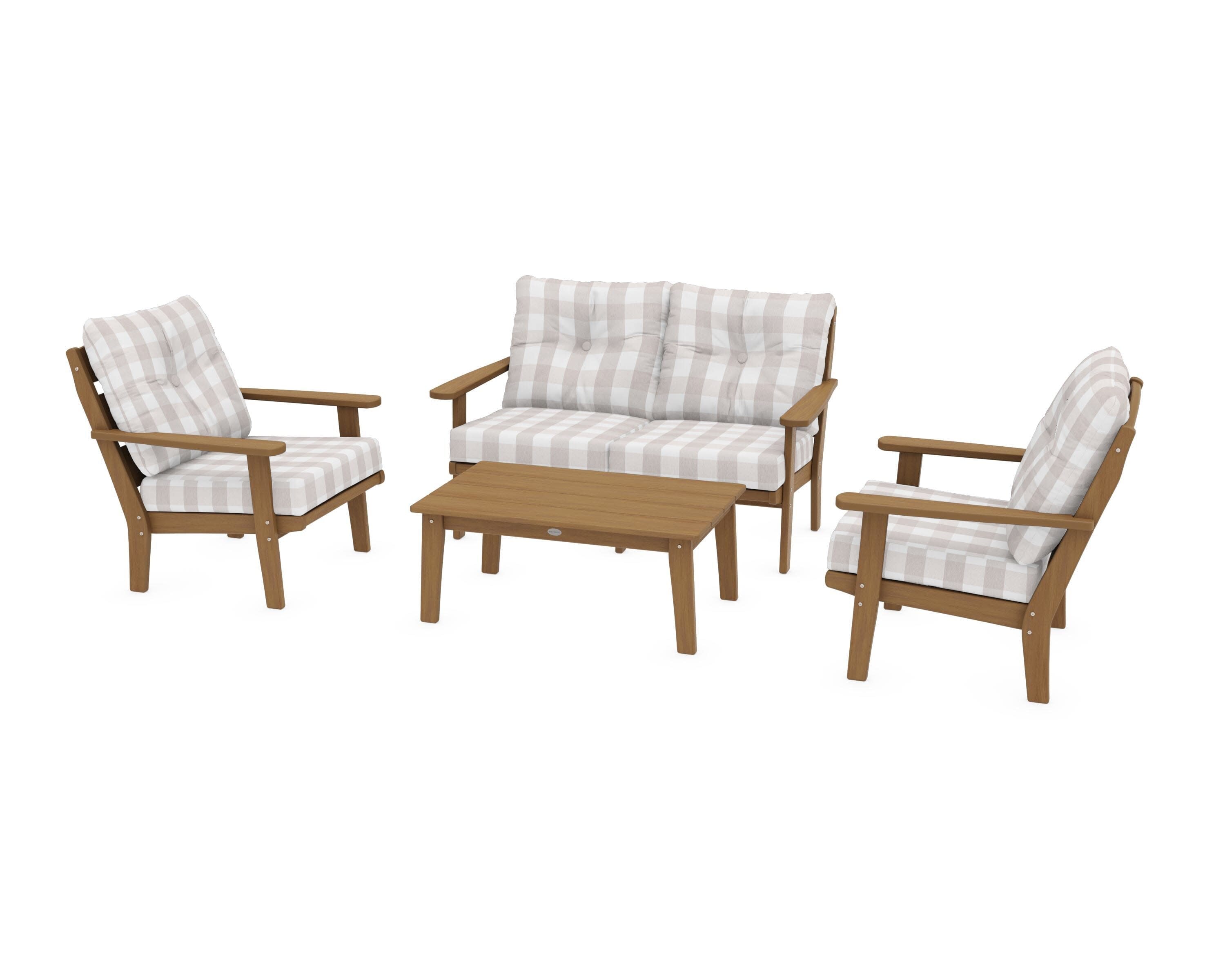 Lakeside 4-Piece Deep Seating Set in Natural / Buffalo Plaid Dune Burlap