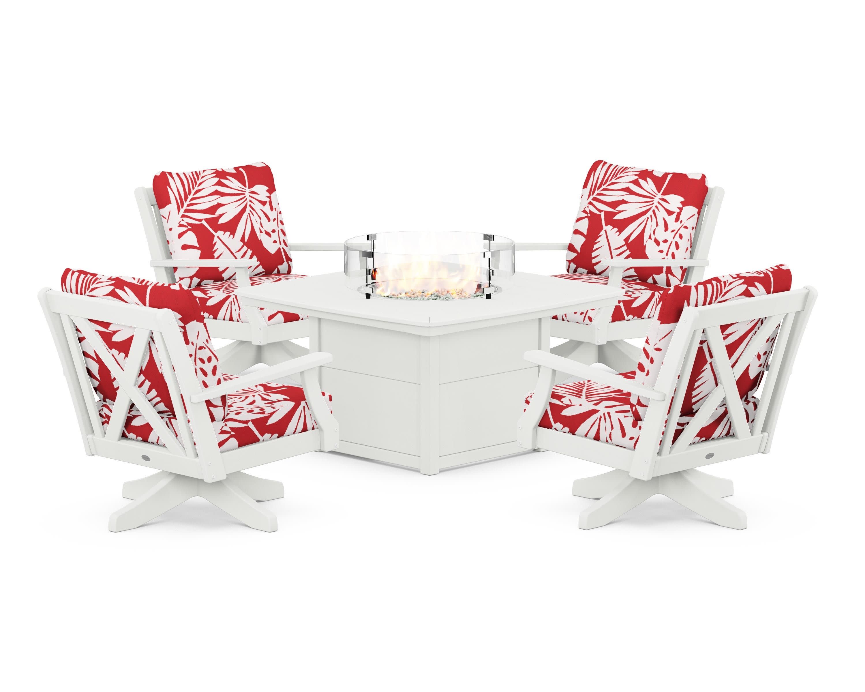 Braxton 5-Piece Deep Seating Swivel Conversation Set with Fire Pit Table in Vintage White / Leaf Crimson