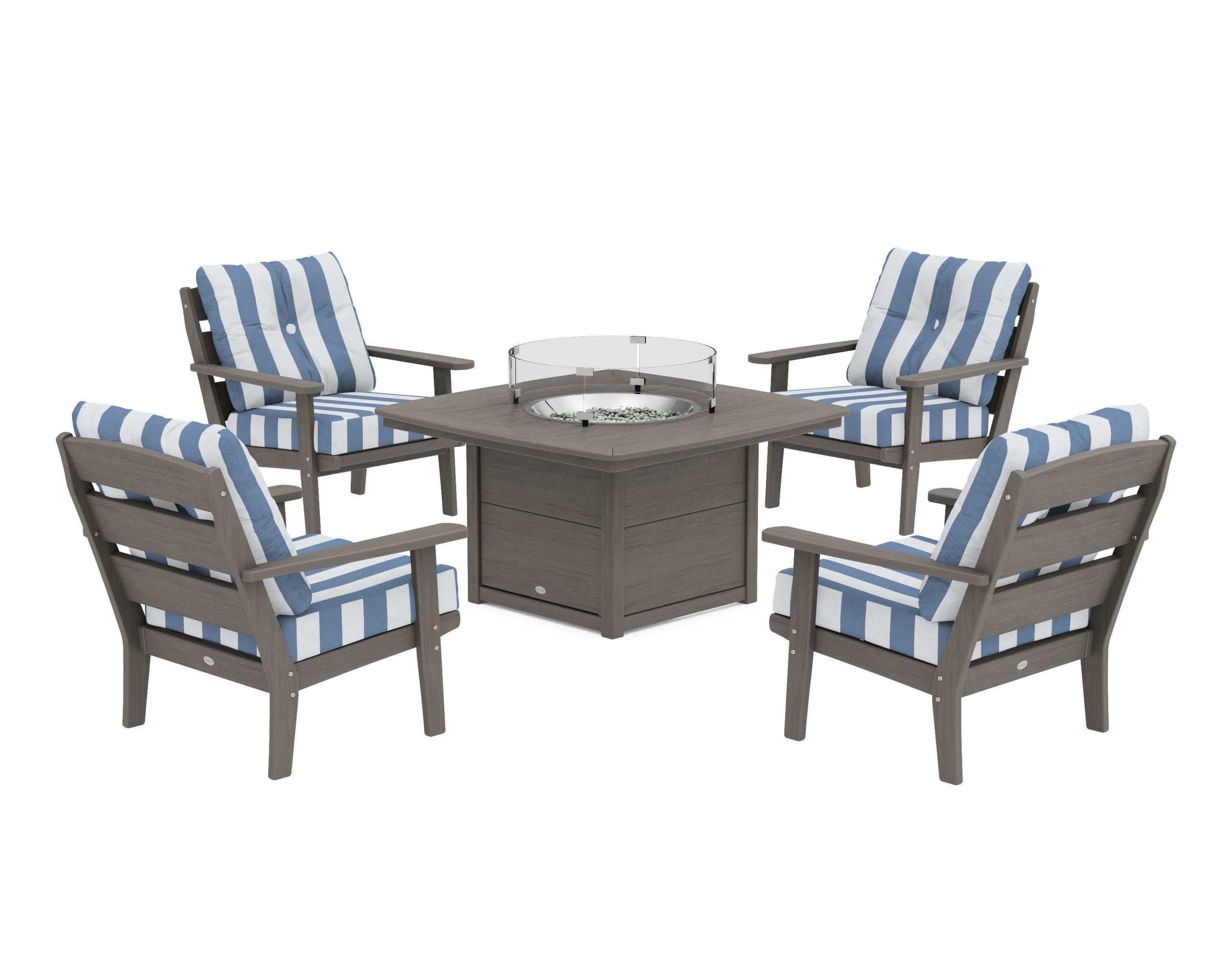 Lakeside 5-Piece Deep Seating Set with Nautical Fire Pit Table in Driftwood / Cabana Stripe Sky Blue