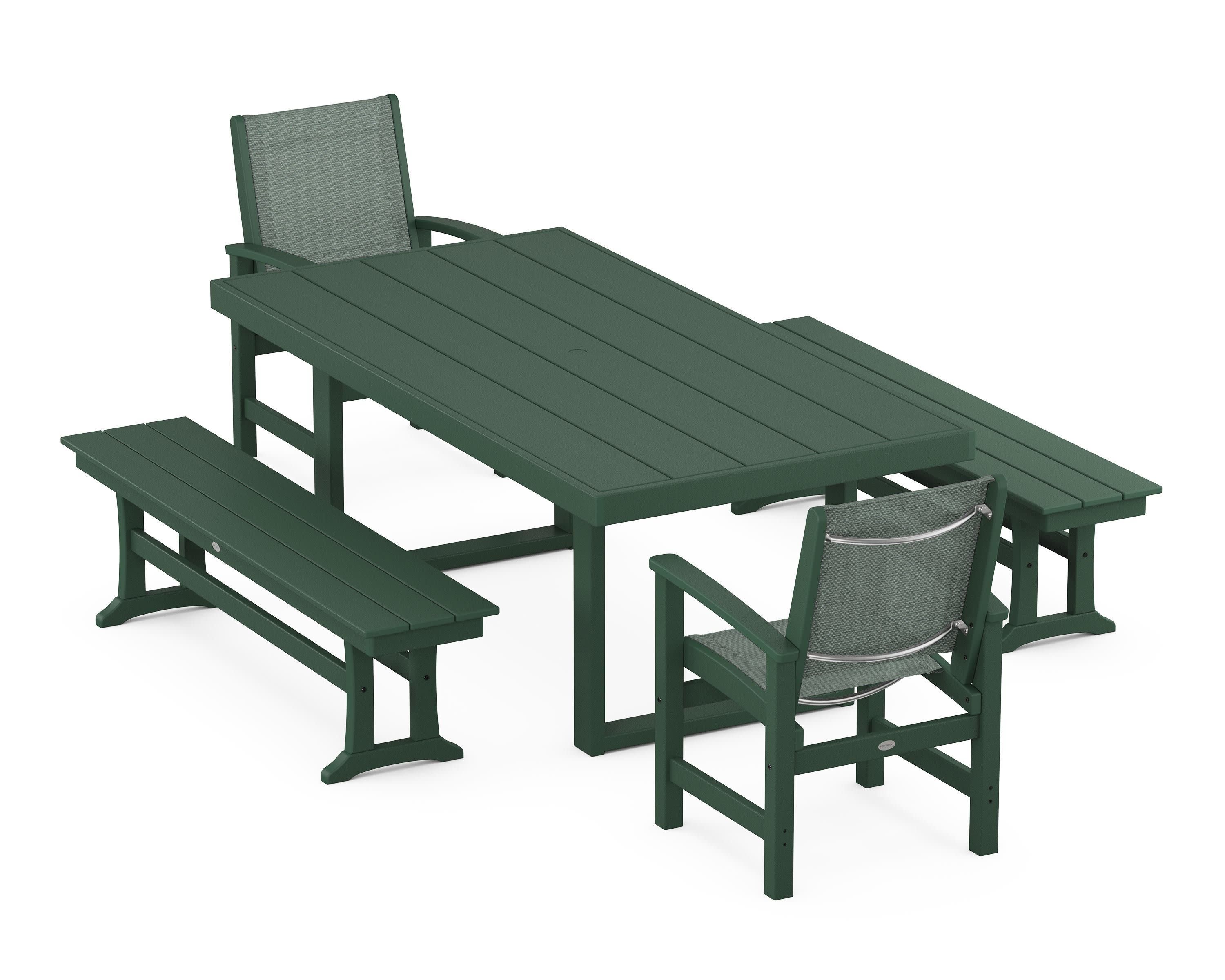 Coastal 5-Piece Dining Set with Trestle Legs in Green / Dupioni Sea Mist Sling