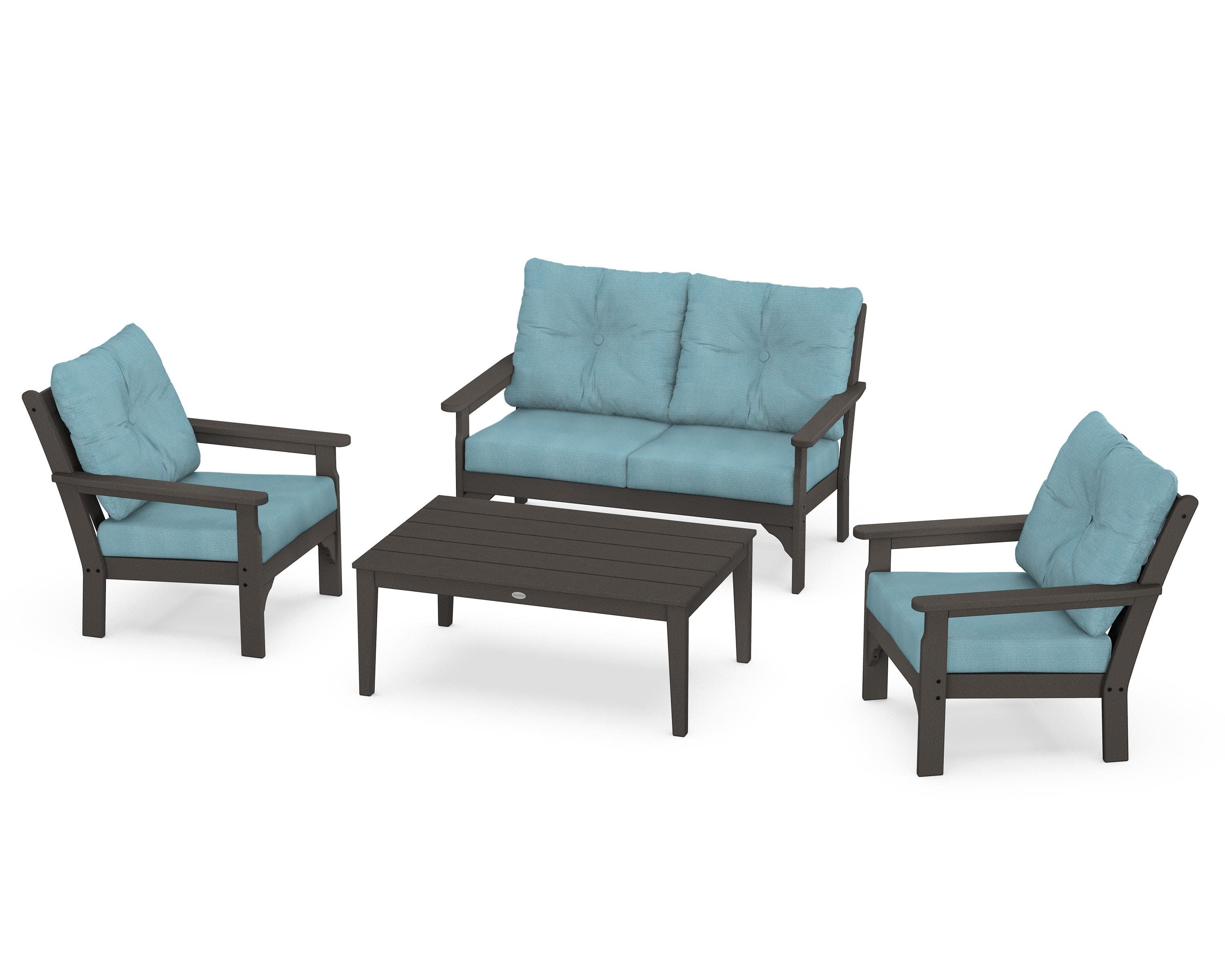 Vineyard 4-Piece Deep Seating Set in Vintage Coffee / Lattice Sky Blue