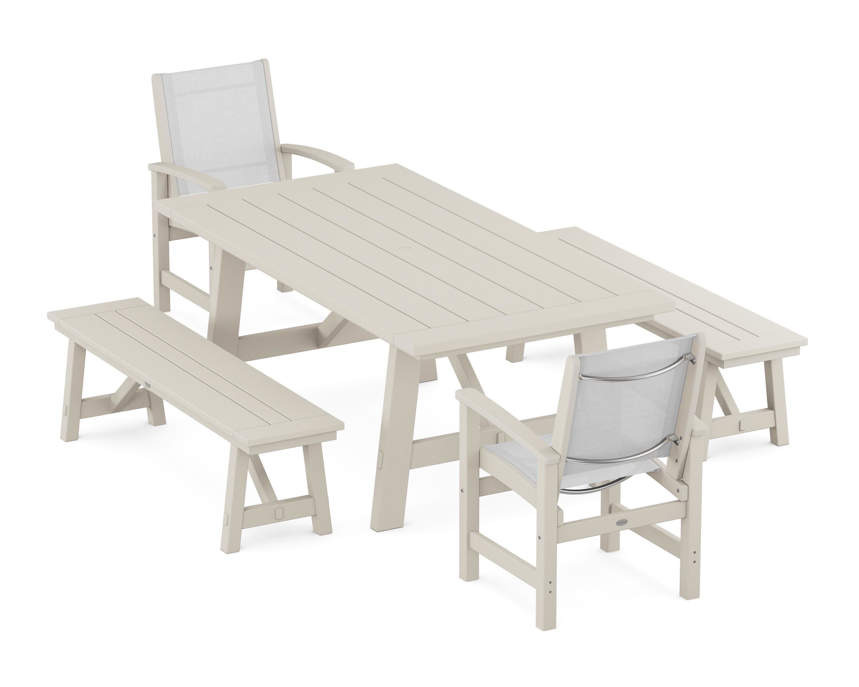 Coastal 5-Piece Rustic Farmhouse Dining Set With Benches in Sand / White Sling