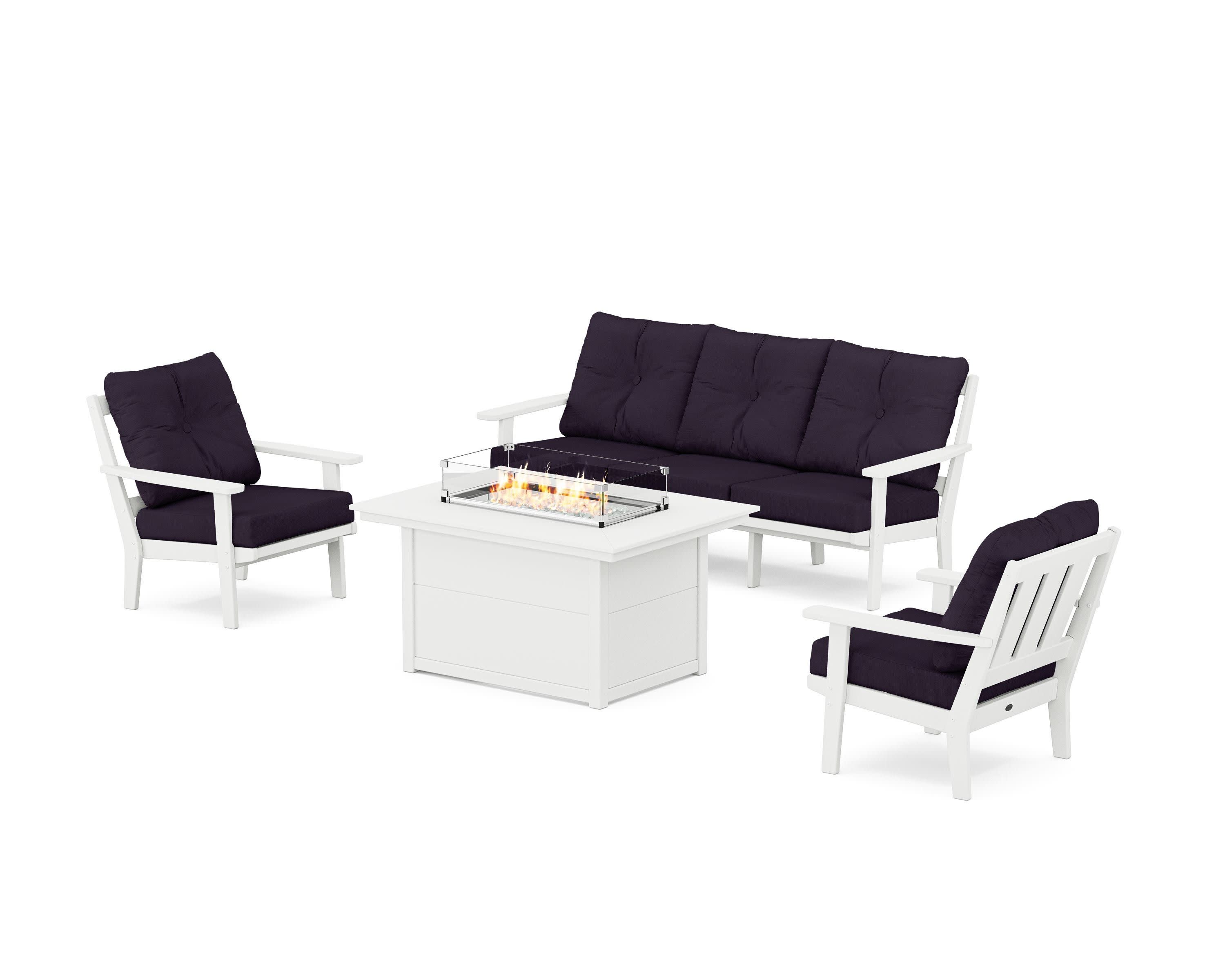 Oxford Deep Seating Fire Pit Table Set in White / Navy Linen