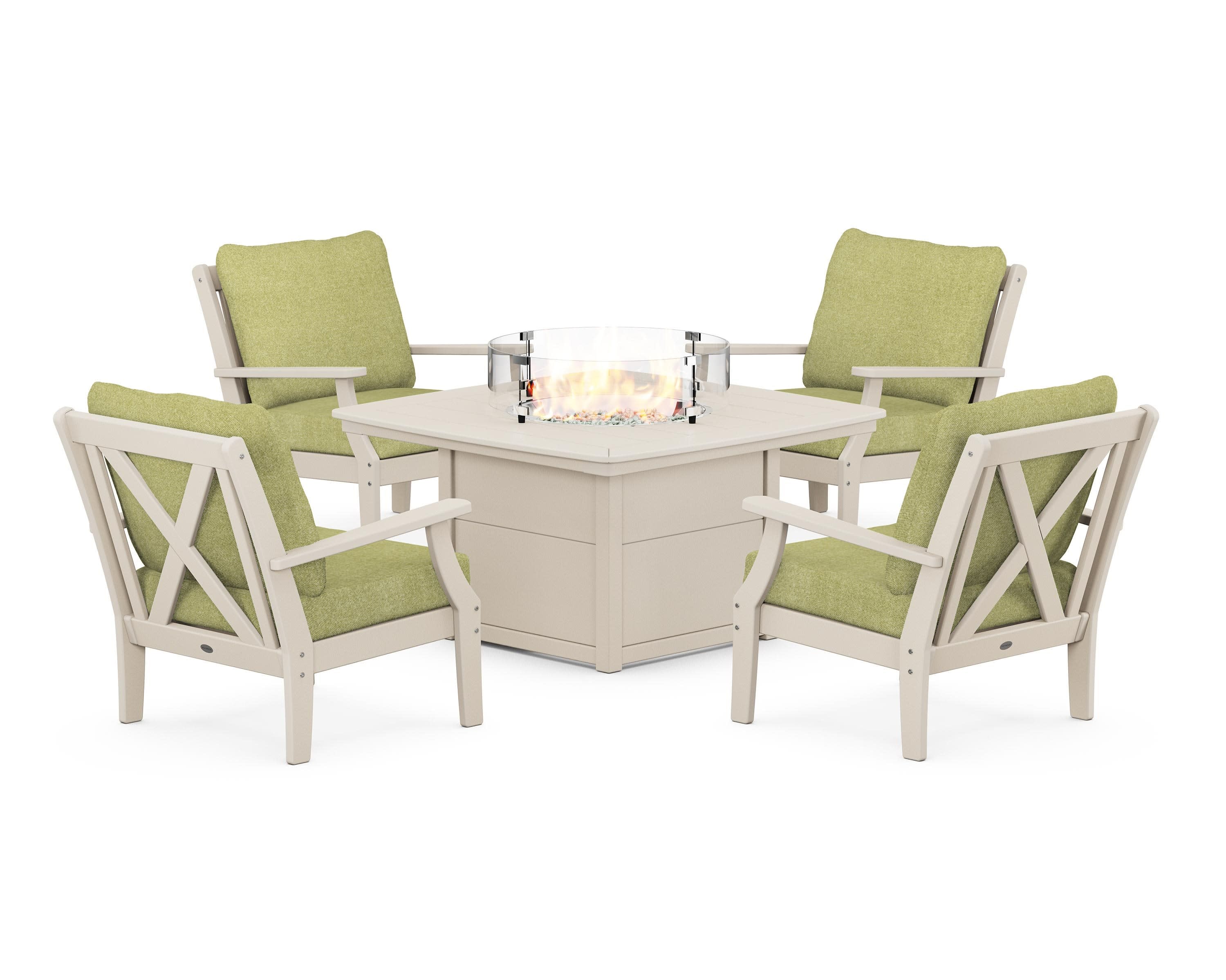 Braxton 5-Piece Deep Seating Conversation Set with Fire Pit Table in Sand / Chartreuse Boucle