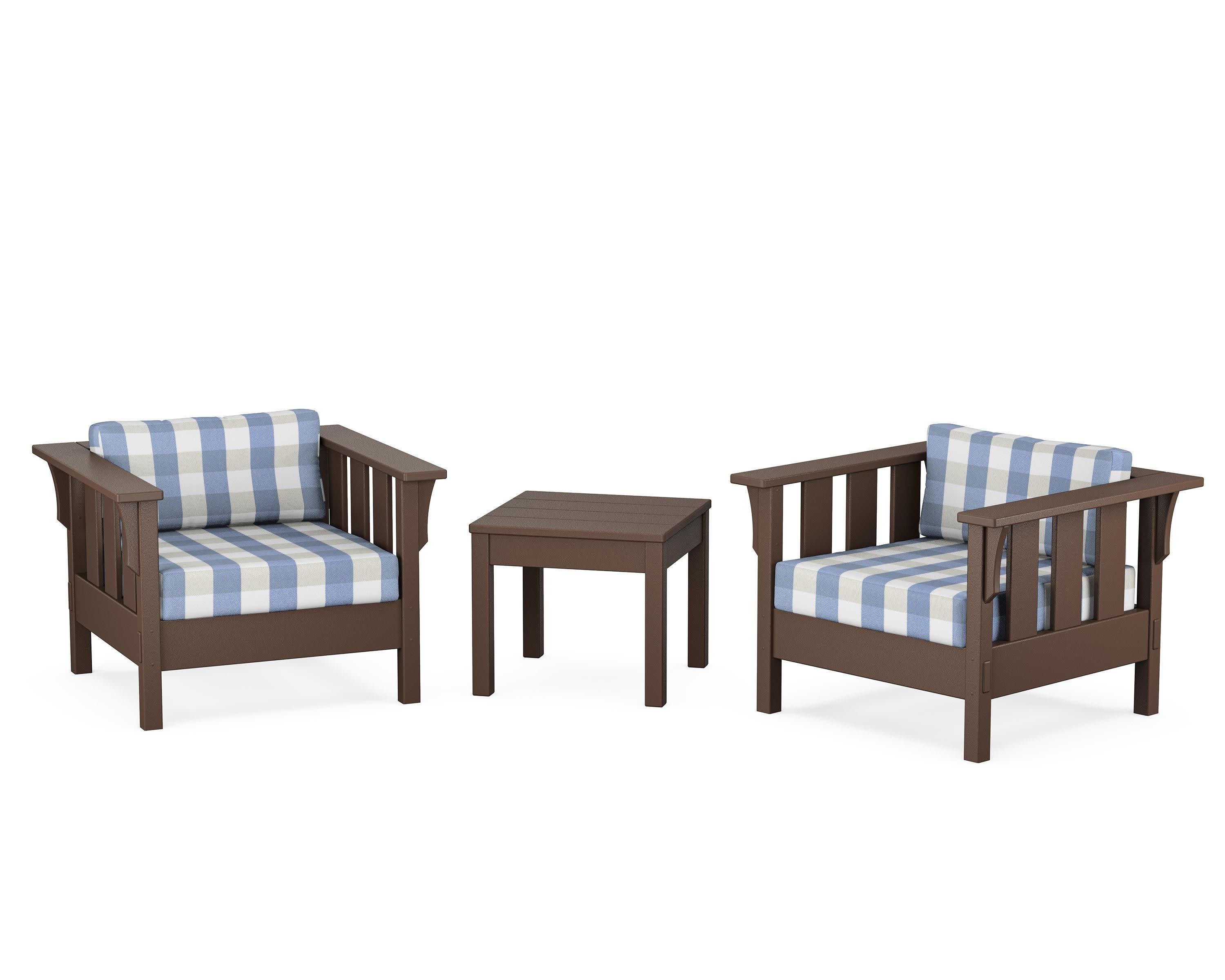 Acadia 3-Piece Deep Seating Set in Mahogany / Buffalo Plaid Sky Blue
