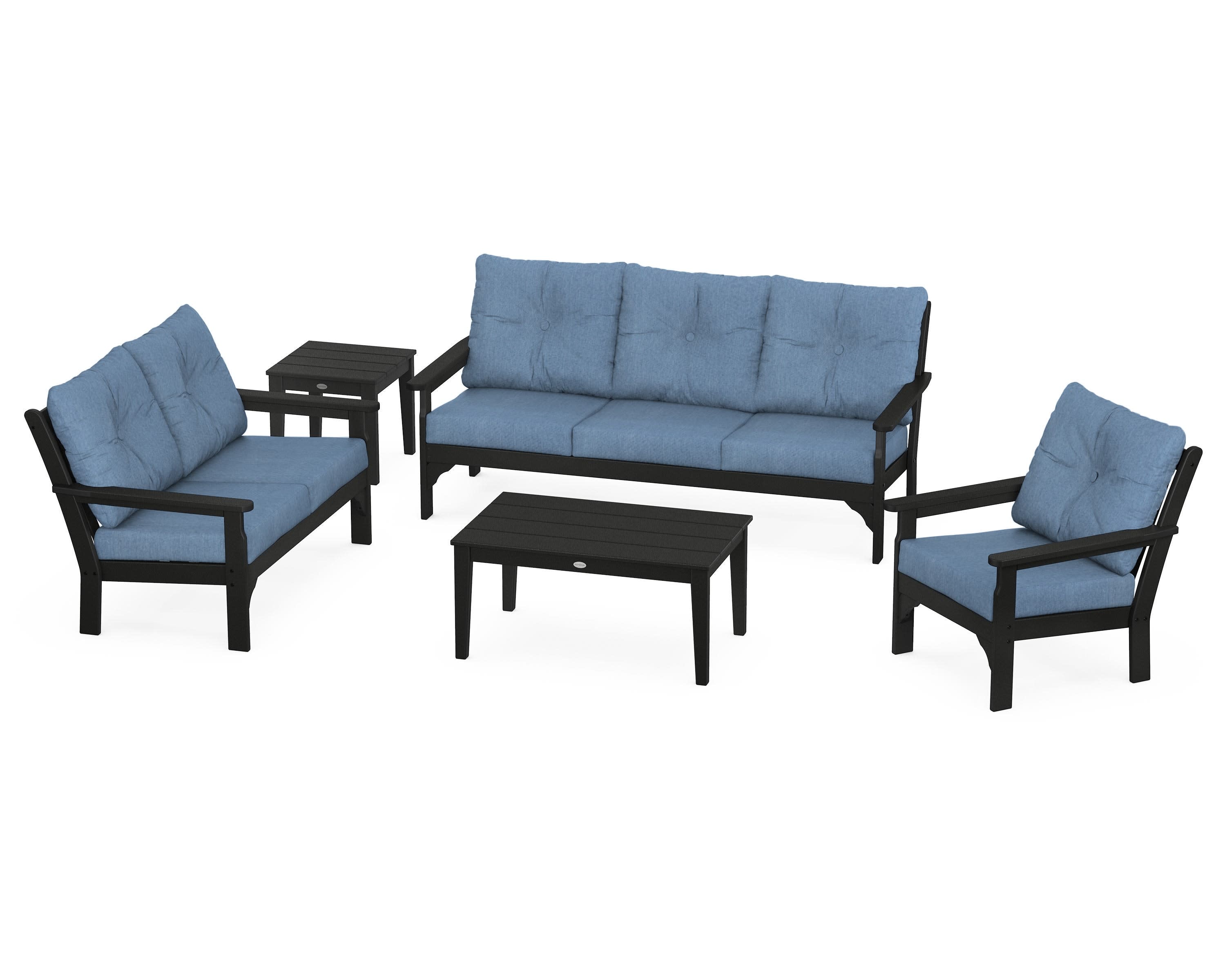 Vineyard 5 Piece Deep Seating Set in Black / Sky Blue