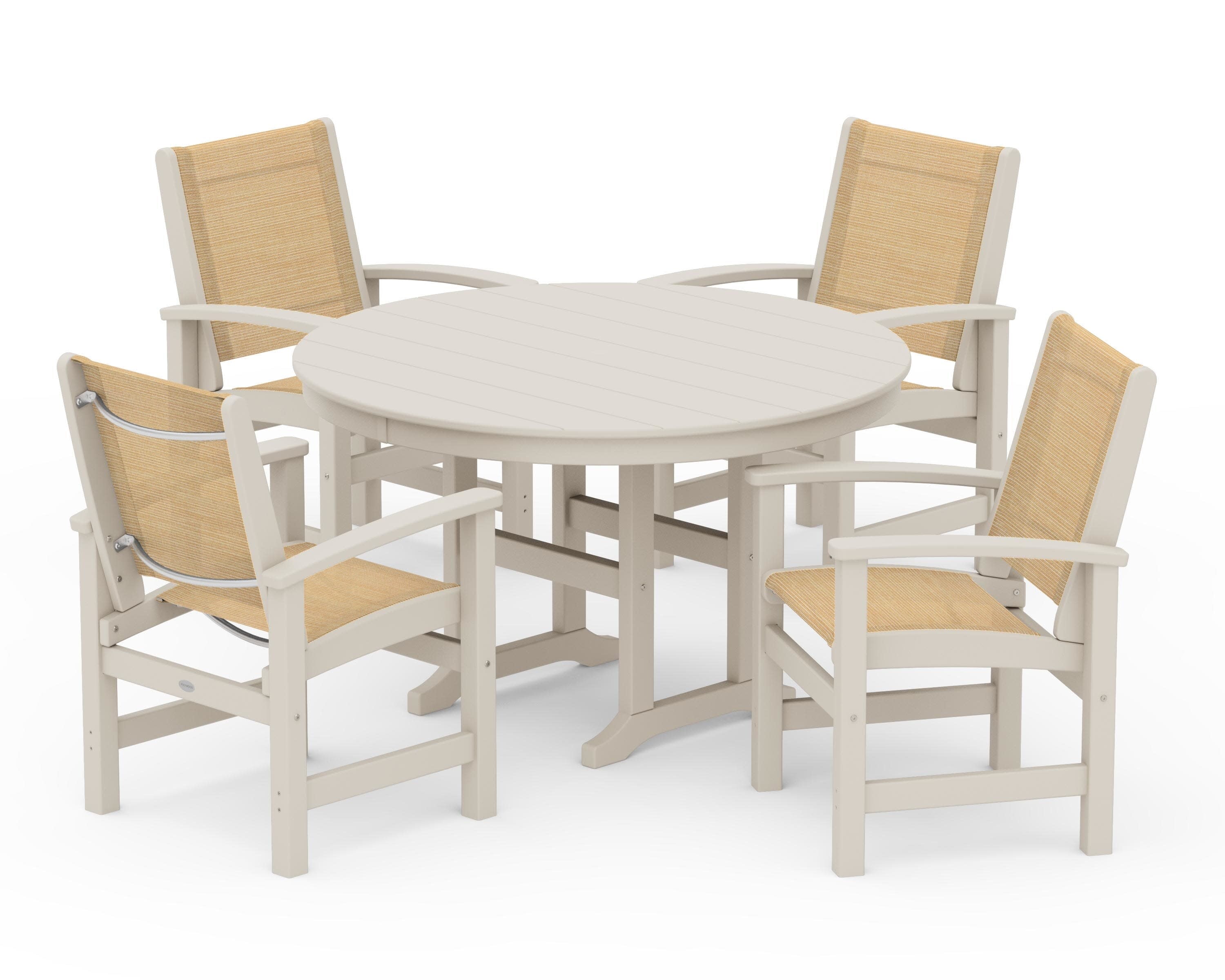 Coastal 5-Piece Round Farmhouse Dining Set in Sand / Dupioni Apricot Sling