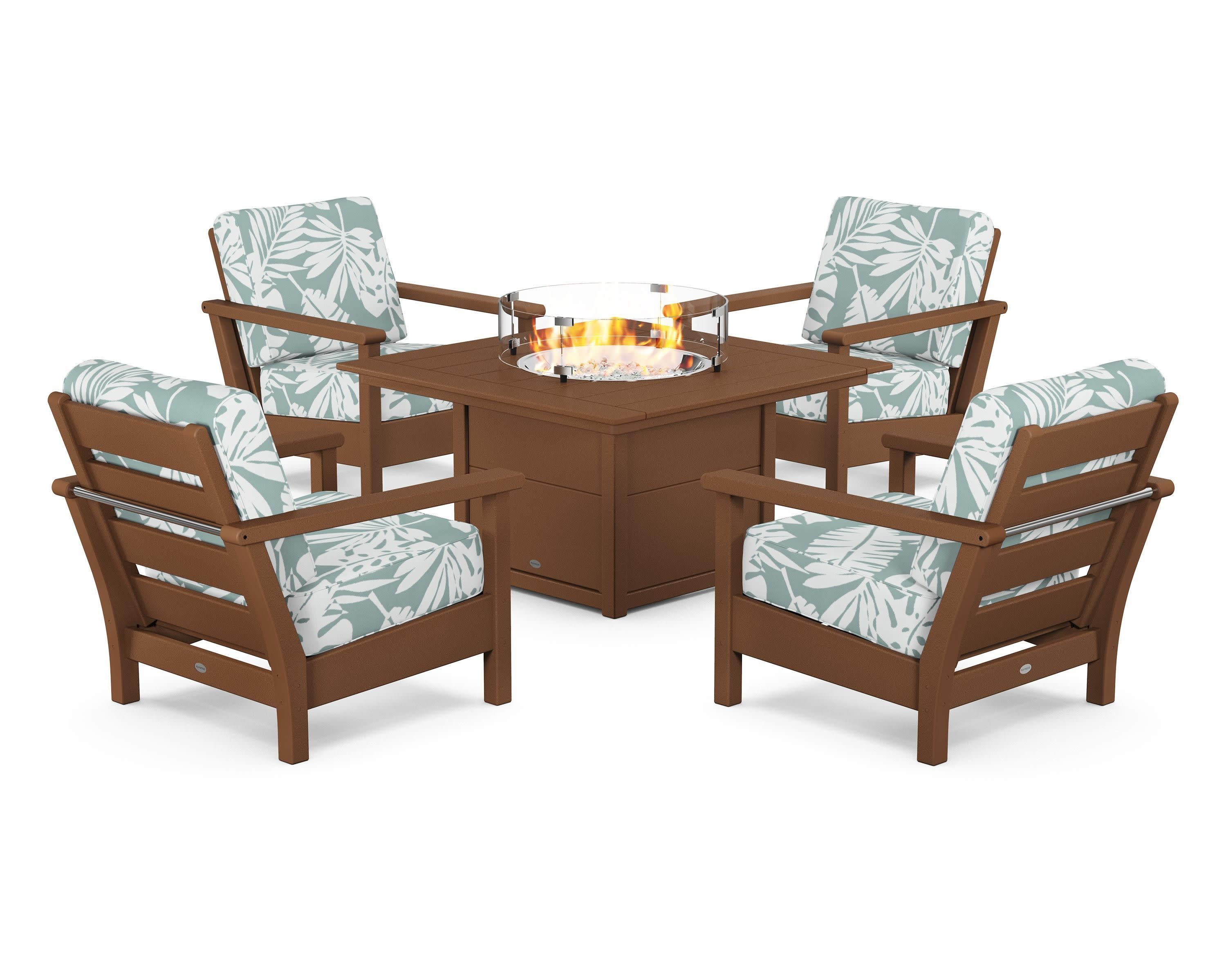 Harbour 5-Piece Conversation Set with Fire Pit Table in Teak / Leaf Glacier Spa