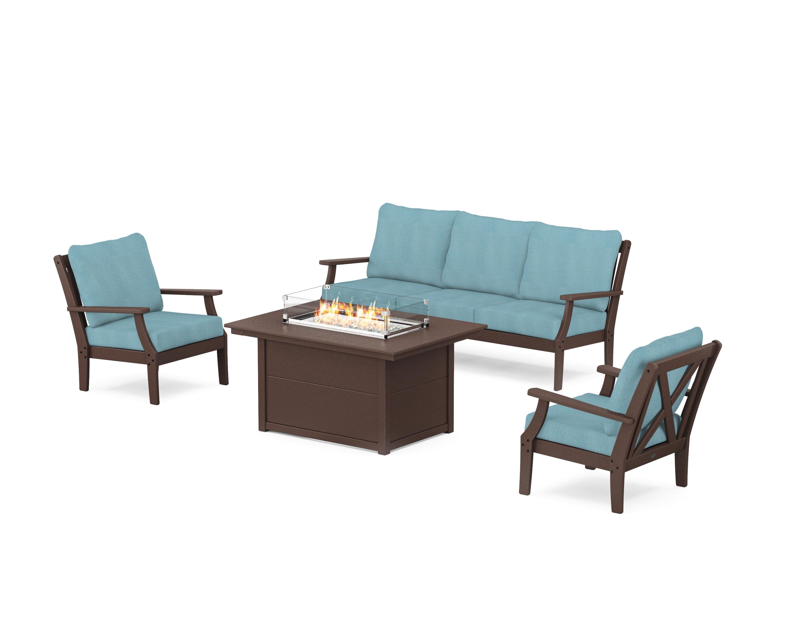Braxton Deep Seating Fire Pit Table Set in Mahogany / Lattice Sky Blue