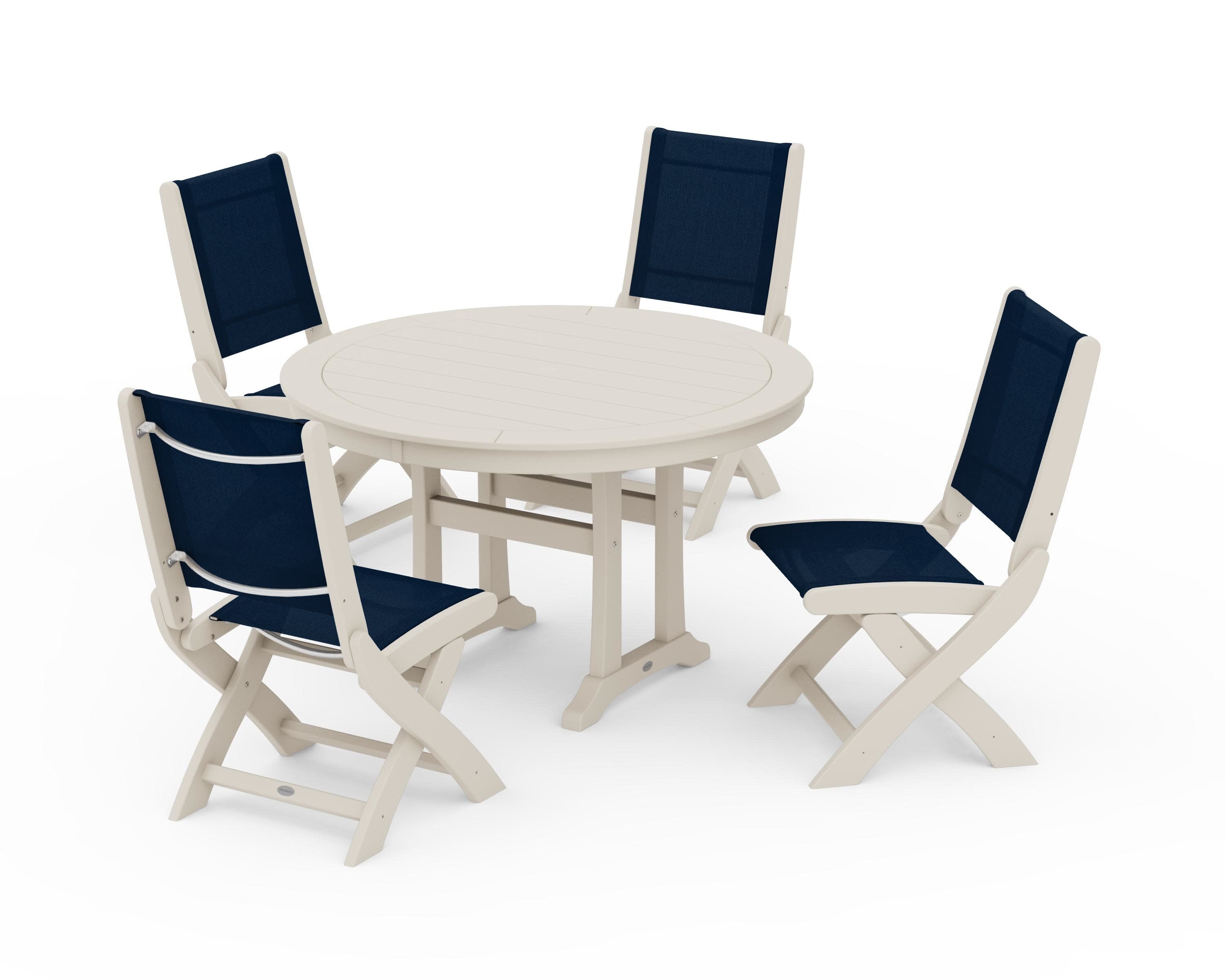 Coastal Folding Side Chair 5-Piece Round Dining Set With Trestle Legs in Sand / Navy Blue Sling