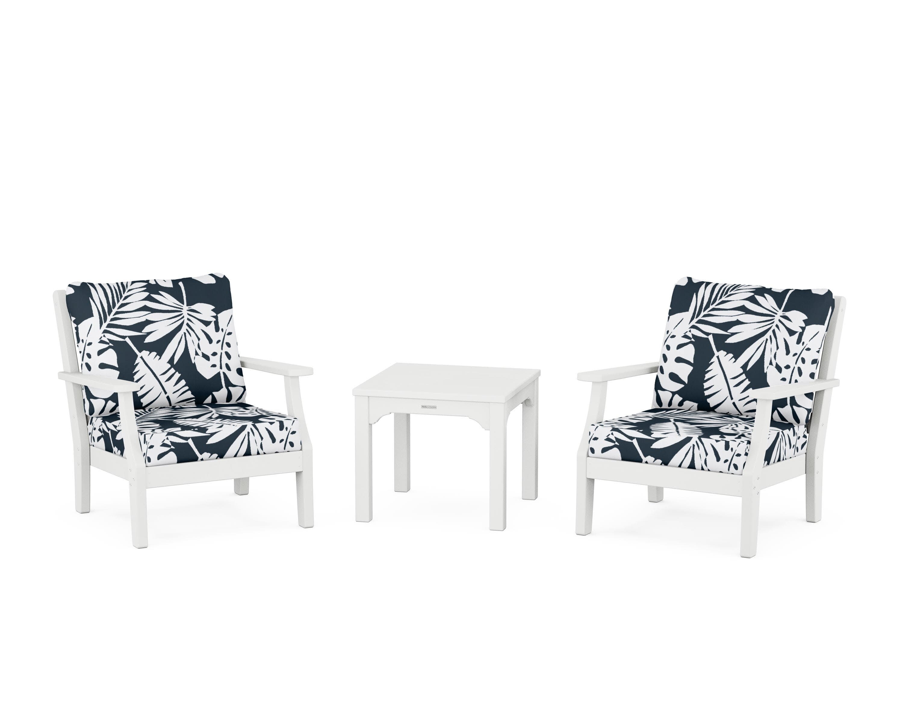 Chinoiserie 3-Piece Deep Seating Set in White / Leaf Marine Indigo