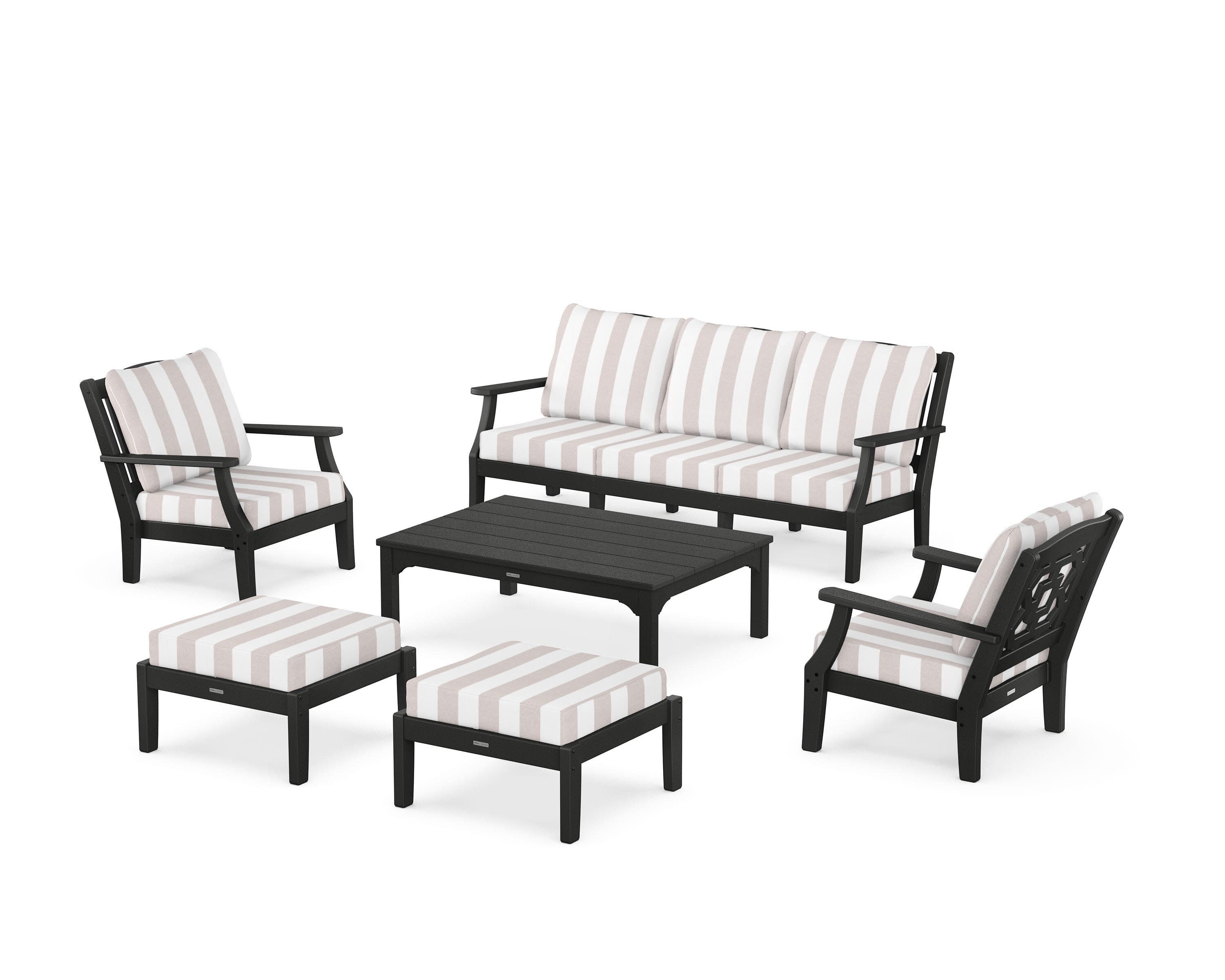 Chinoiserie 6-Piece Lounge Sofa Set in Black / Cabana Stripe Dune Burlap