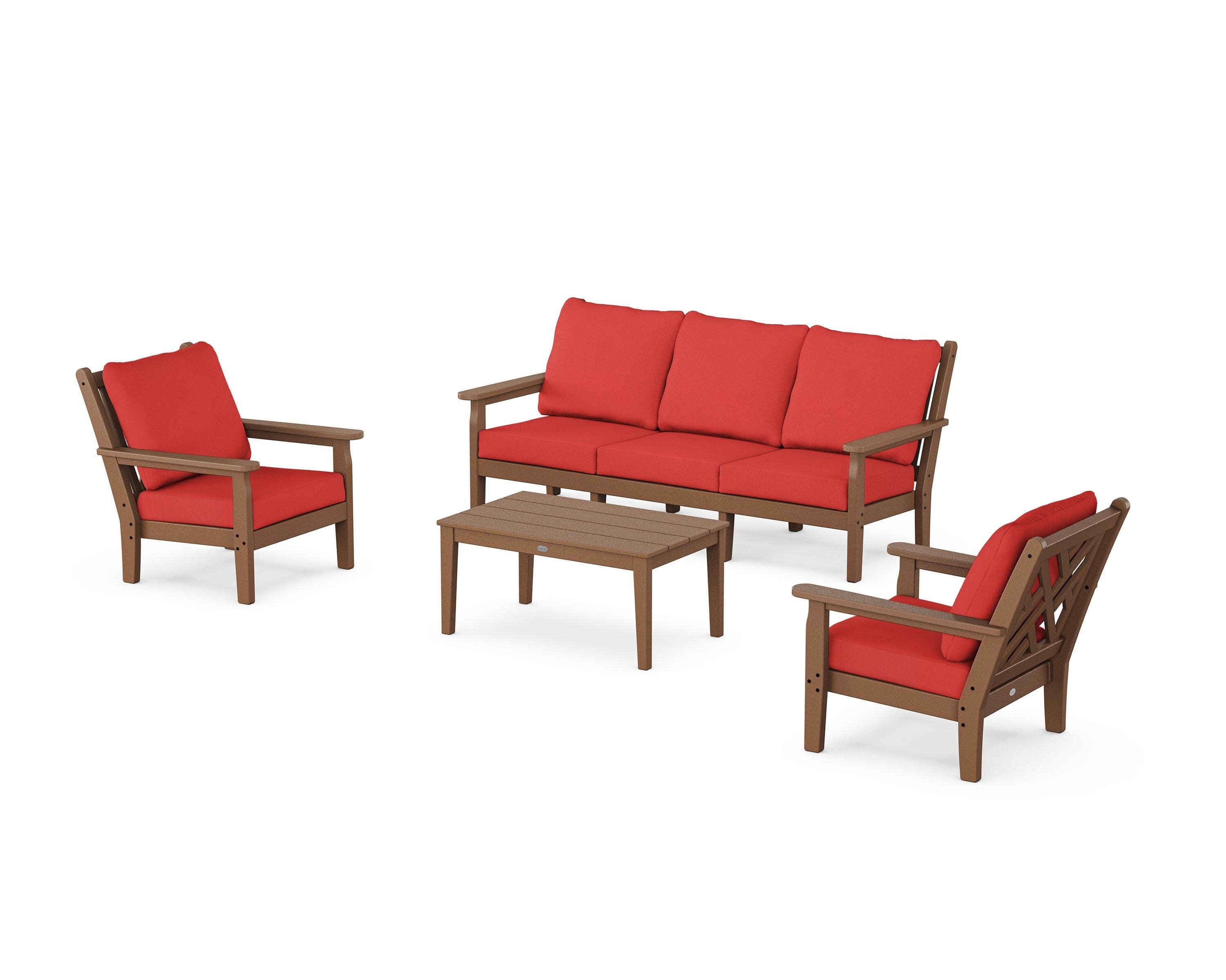 Chippendale 4-Piece Deep Seating Set with Sofa in Teak / Crimson Linen