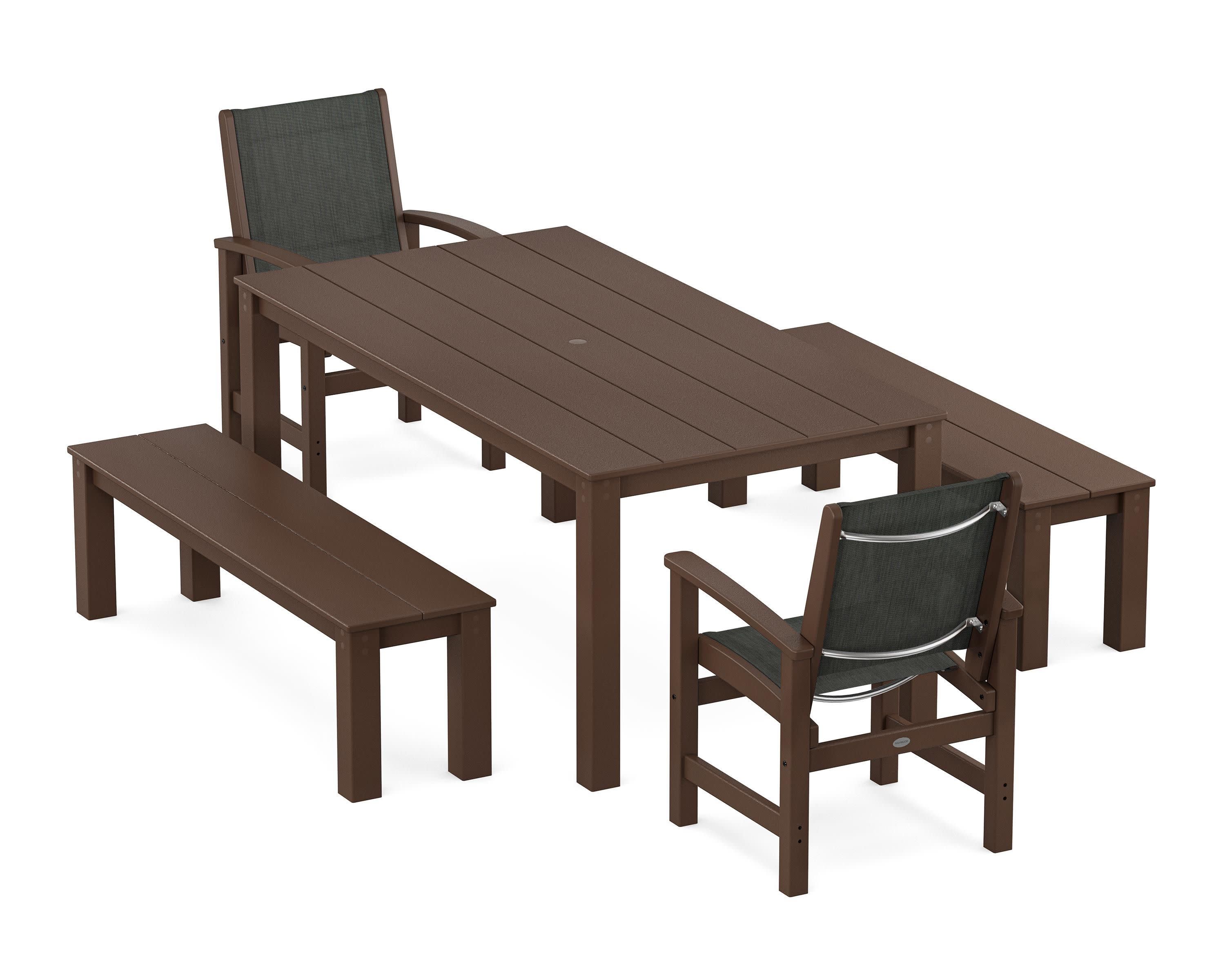 Coastal 5-Piece Parsons Dining Set with Benches in Mahogany / Ember Sling