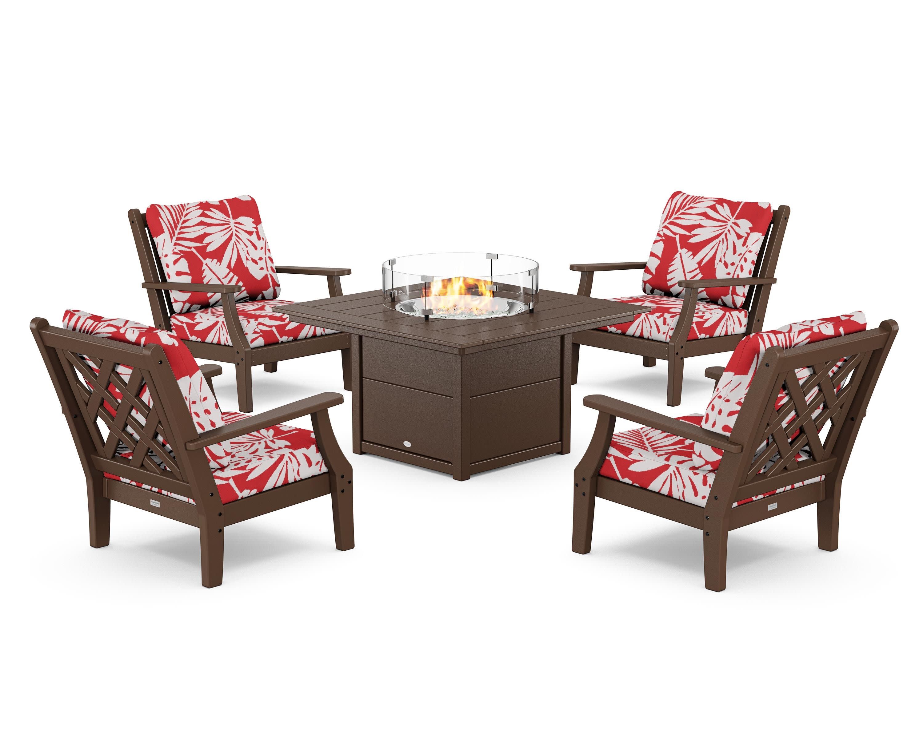 Wovendale 5-Piece Deep Seating Set with Fire Pit Table in Mahogany / Leaf Crimson