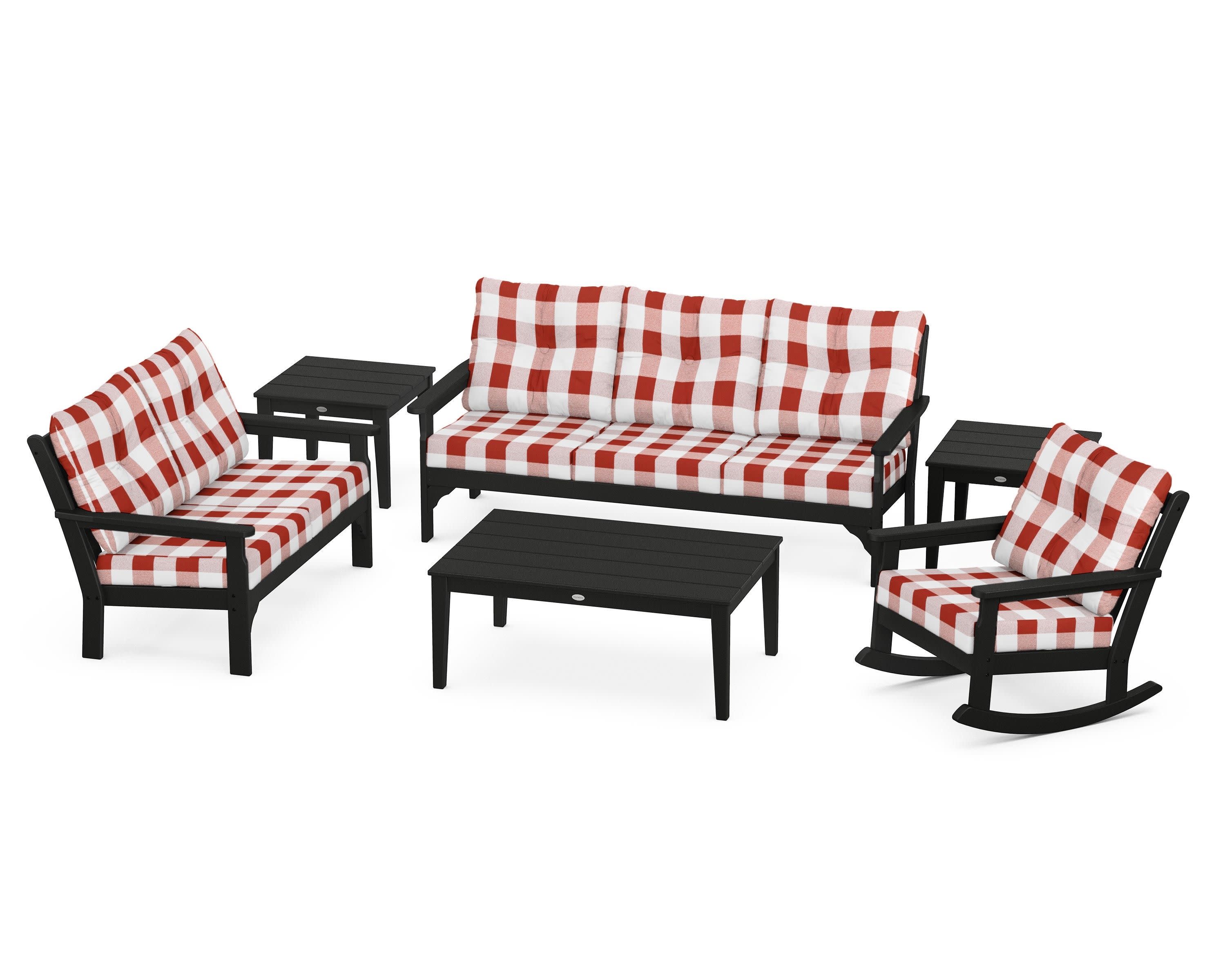 Vineyard 6-Piece Deep Seating Set in Black / Buffalo Plaid Crimson