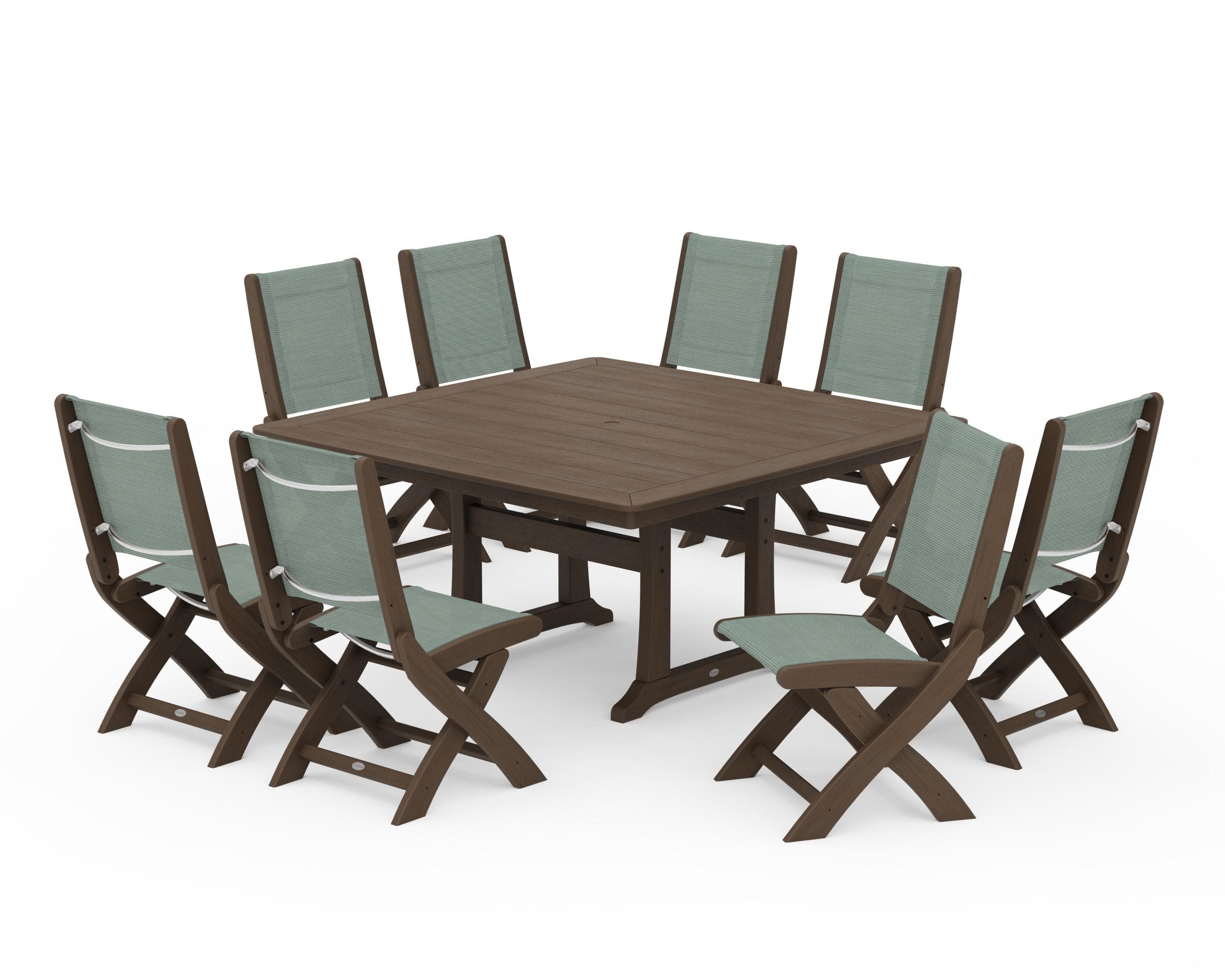 Coastal Folding Side Chair 9-Piece Dining Set with Trestle Legs in Kona / Dupioni Sea Mist Sling