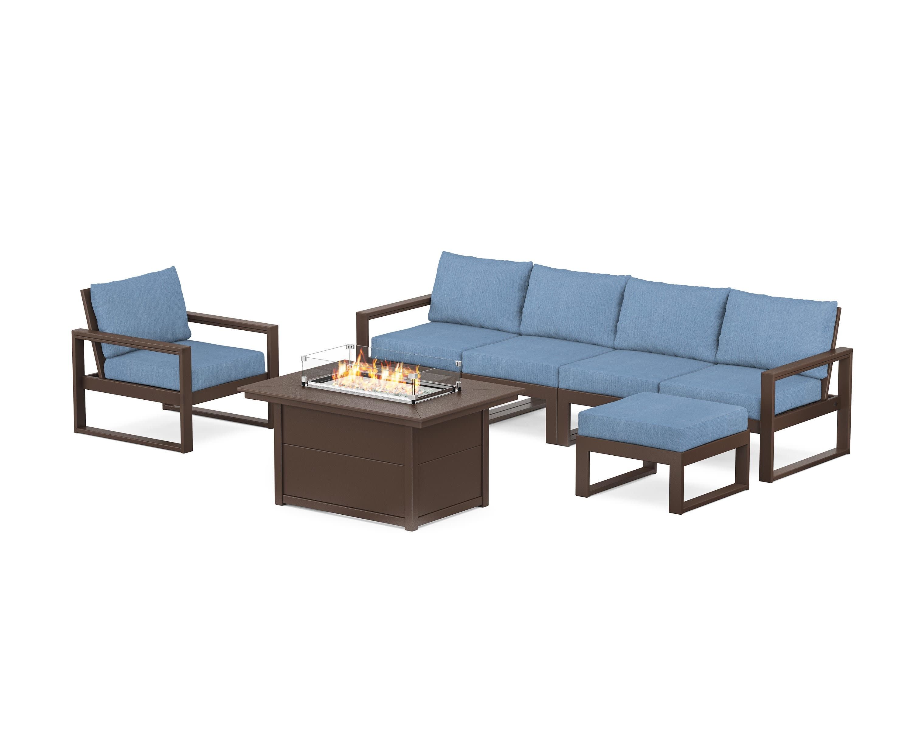 EDGE Sectional Lounge and Fire Pit Set in Mahogany / Sky Blue