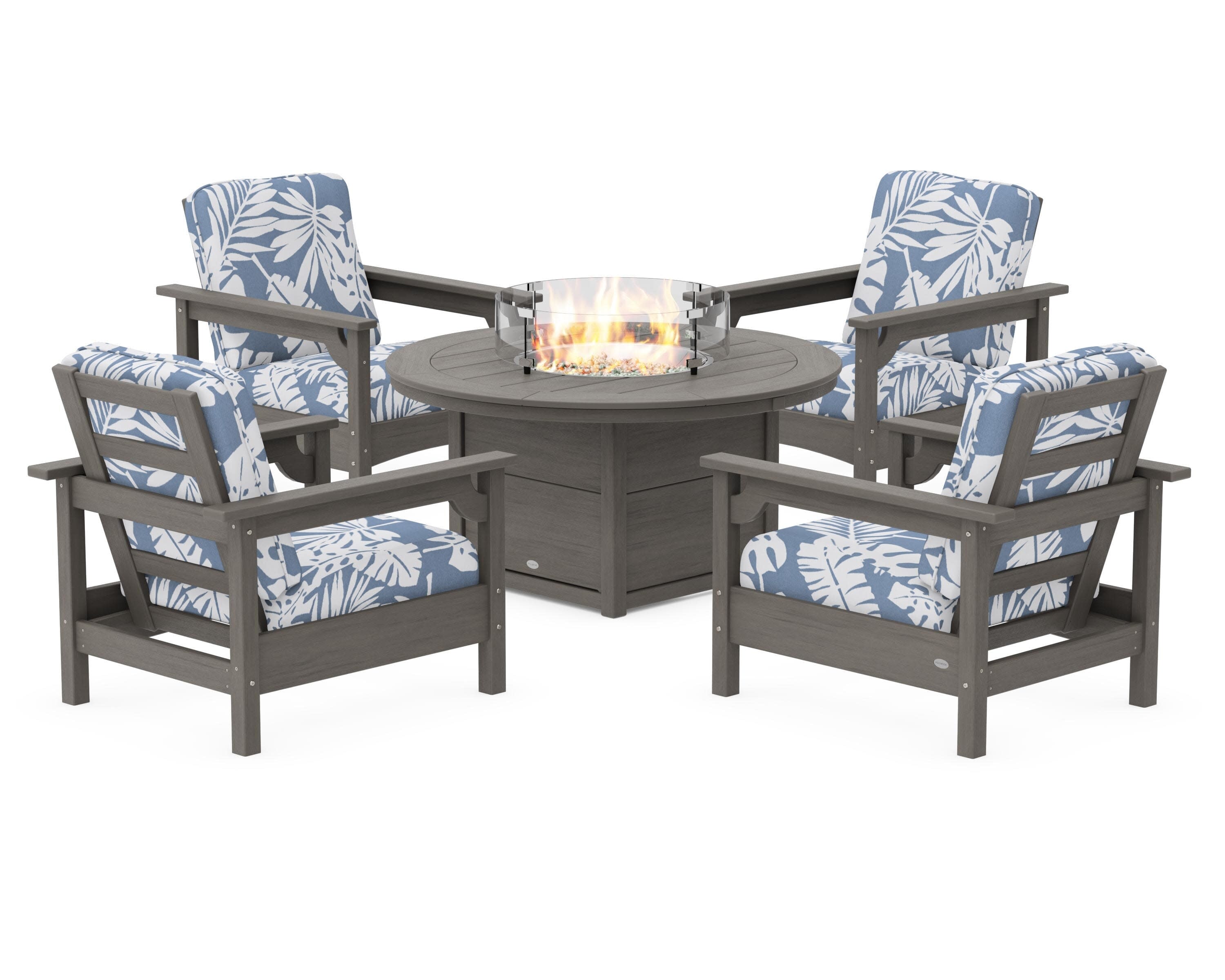 Club 5-Piece Conversation Set with Fire Pit Table in Driftwood / Leaf Sky Blue