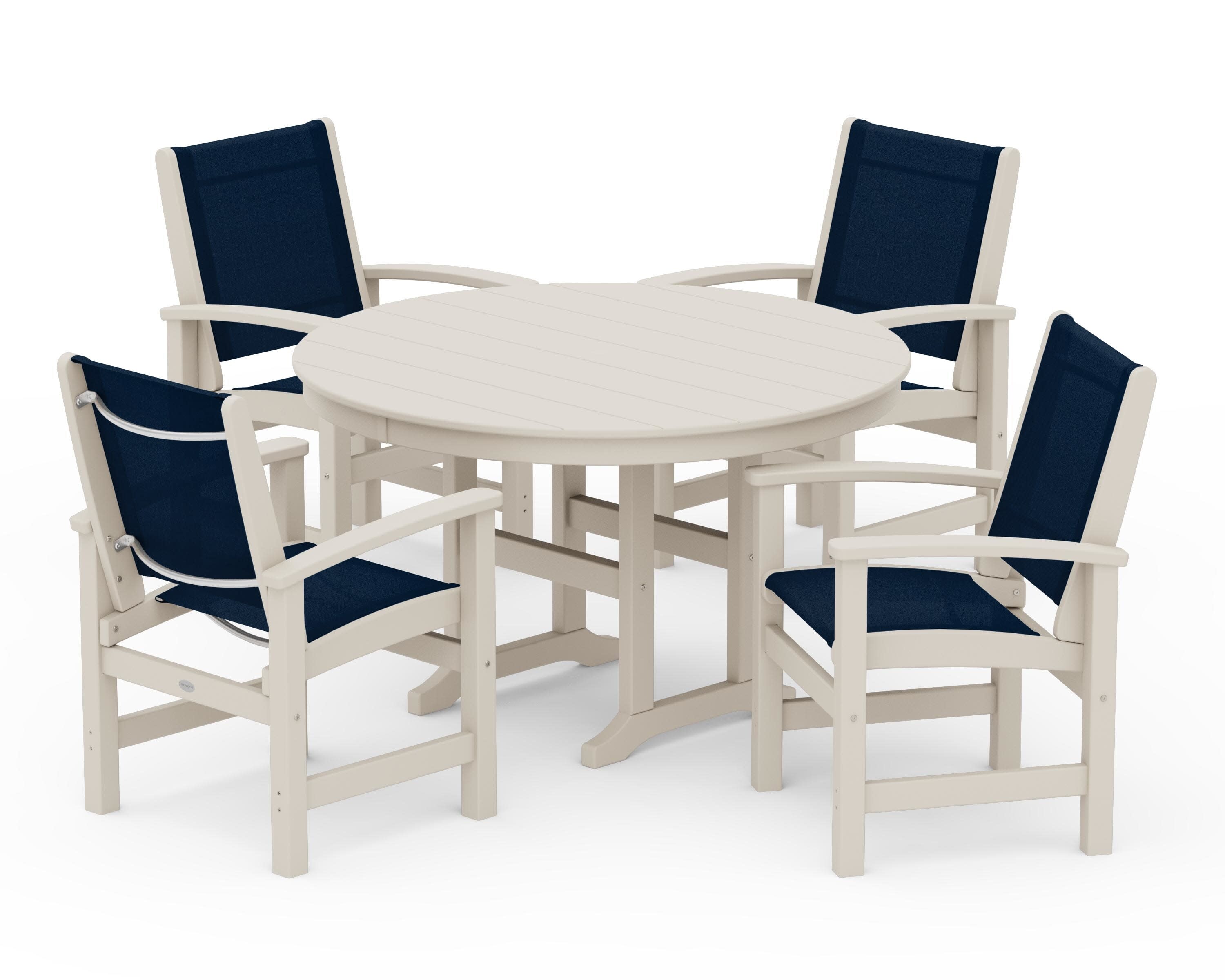 Coastal 5-Piece Round Farmhouse Dining Set in Sand / Navy Blue Sling
