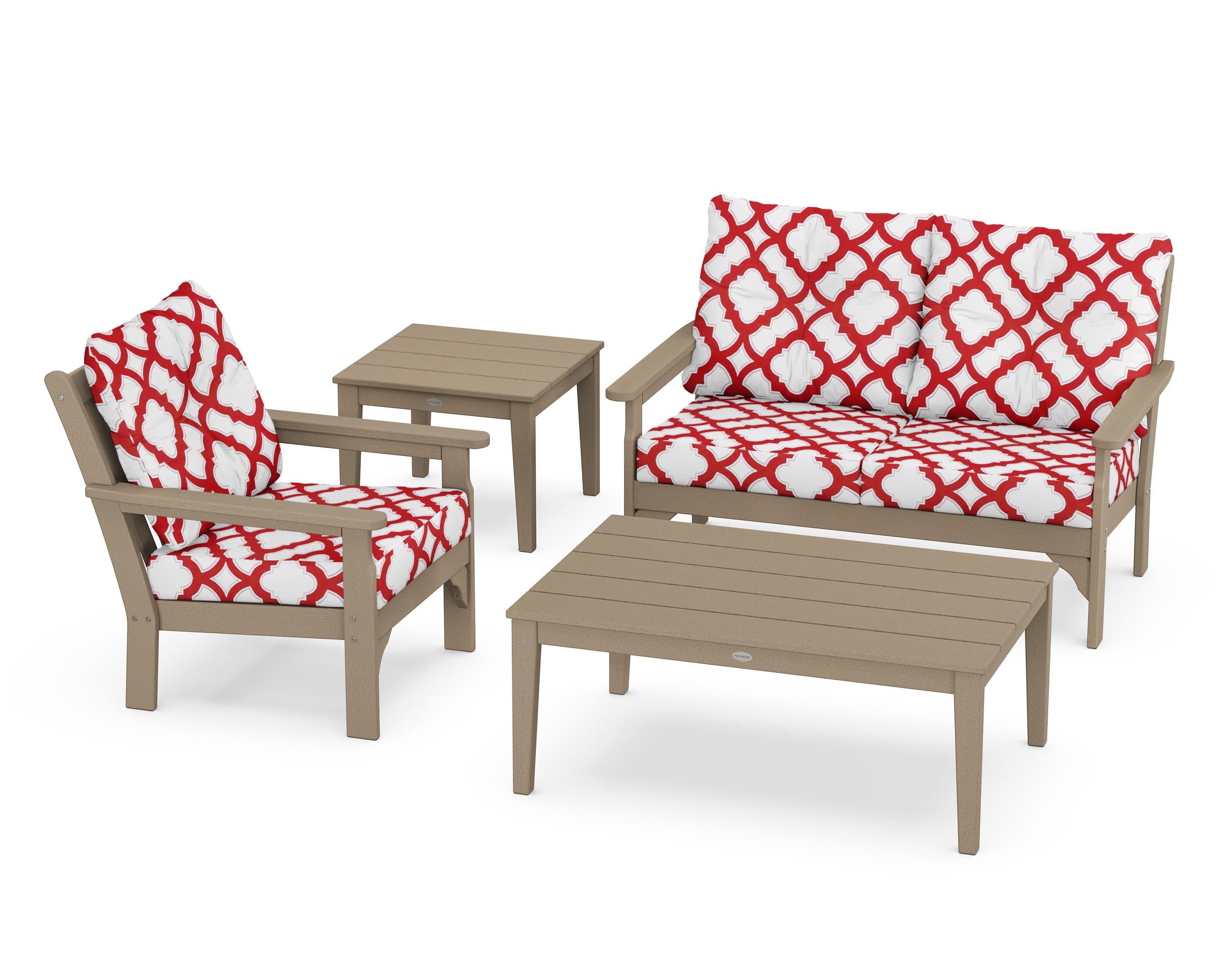 Vineyard 4-Piece Deep Seating Set in Vintage Sahara / Trellis Crimson