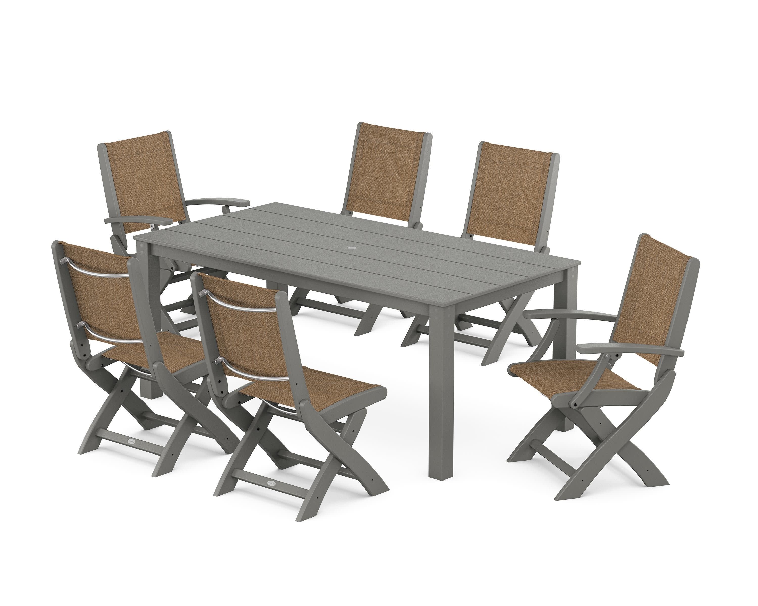 Coastal Folding Chair 7-Piece Parsons Dining Set in Slate Grey / Burlap Sling