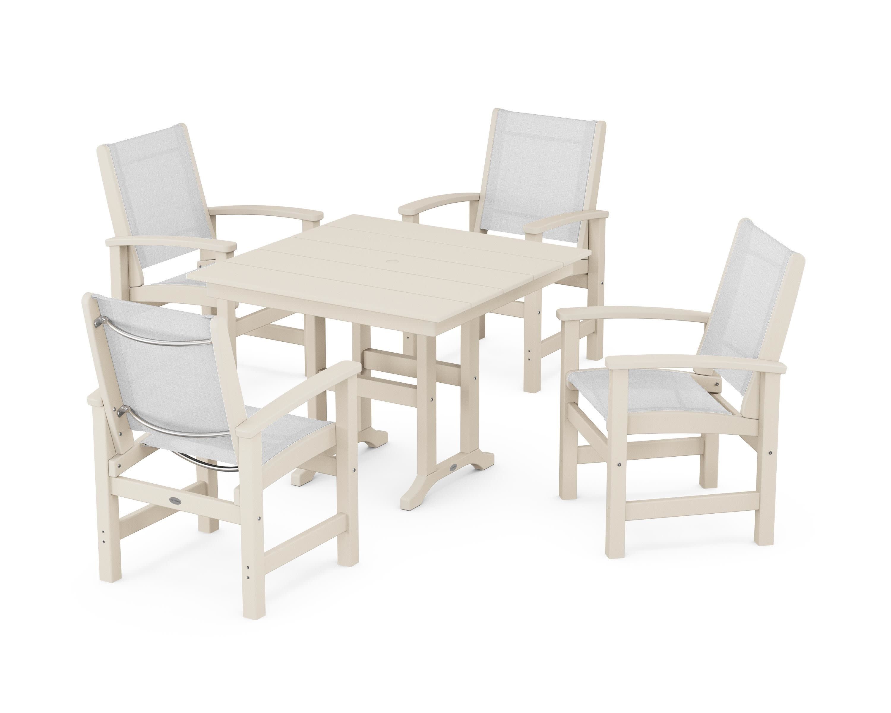 Coastal 5-Piece Farmhouse Dining Set in Sand / White Sling