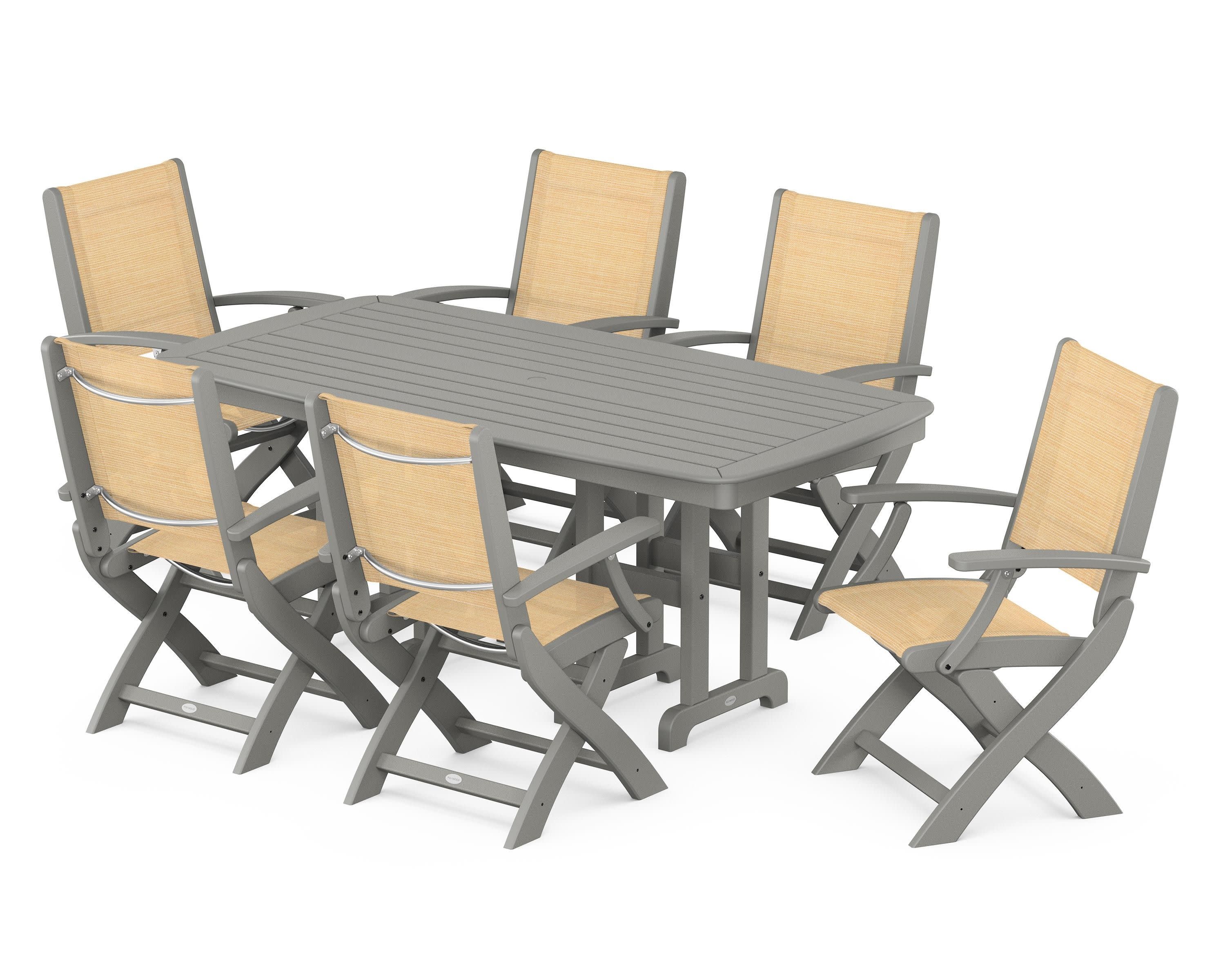 Coastal Folding Arm Chair 7-Piece Dining Set in Slate Grey / Dupioni Apricot Sling
