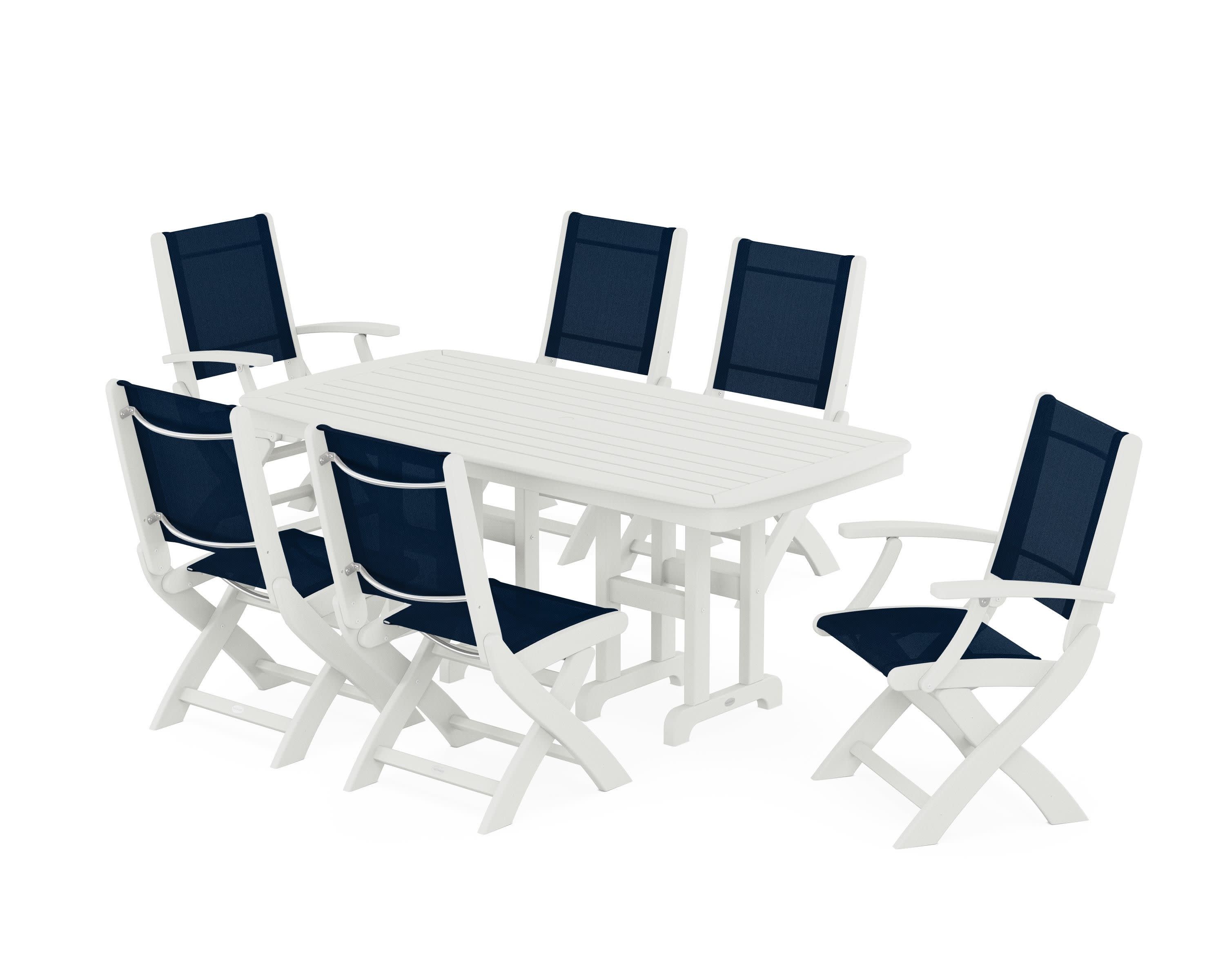 Coastal Folding Chair 7-Piece Dining Set in Vintage White / Navy Blue Sling