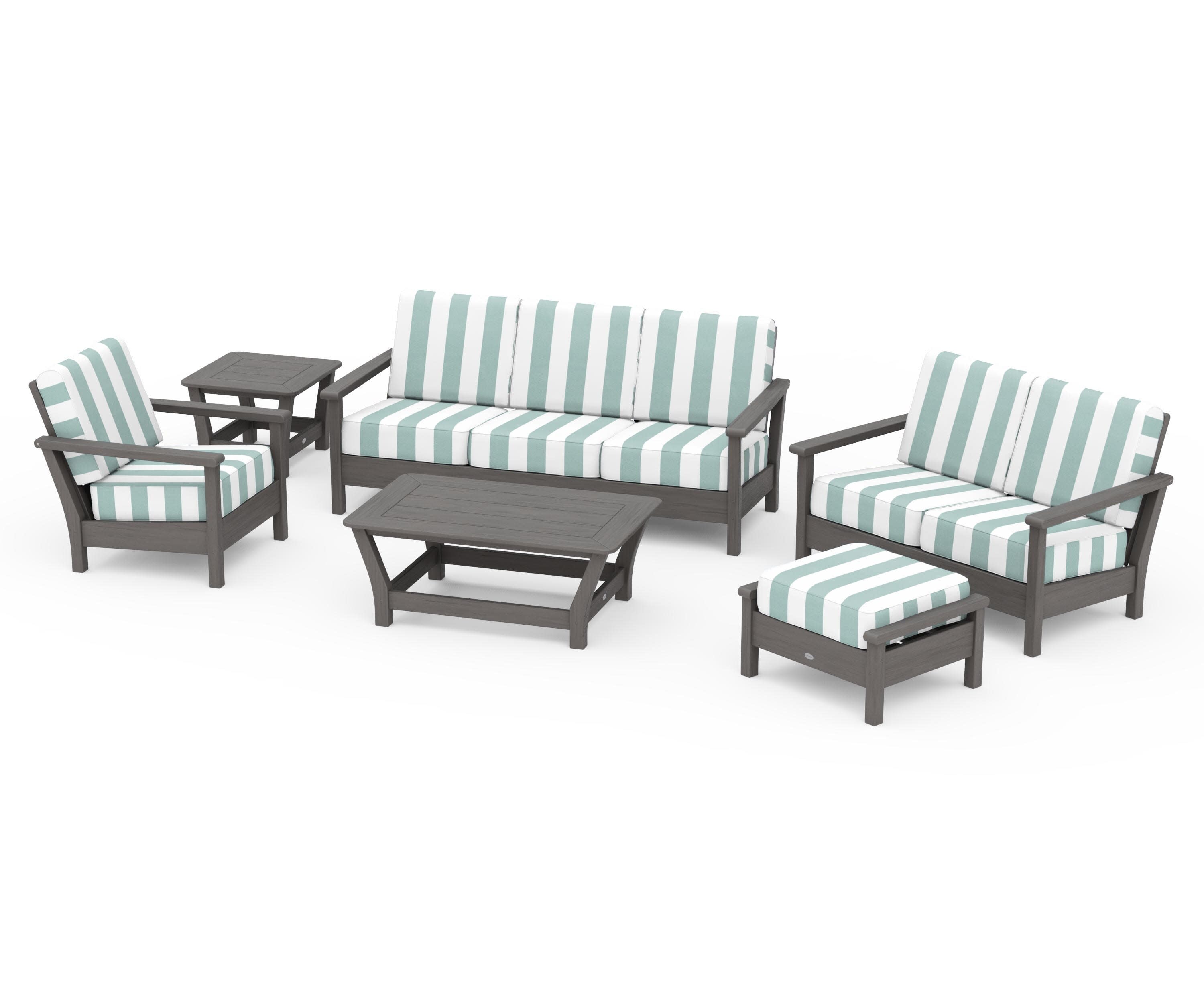 Harbour 6-Piece Outdoor Living Set in Driftwood / Cabana Stripe Glacier Spa