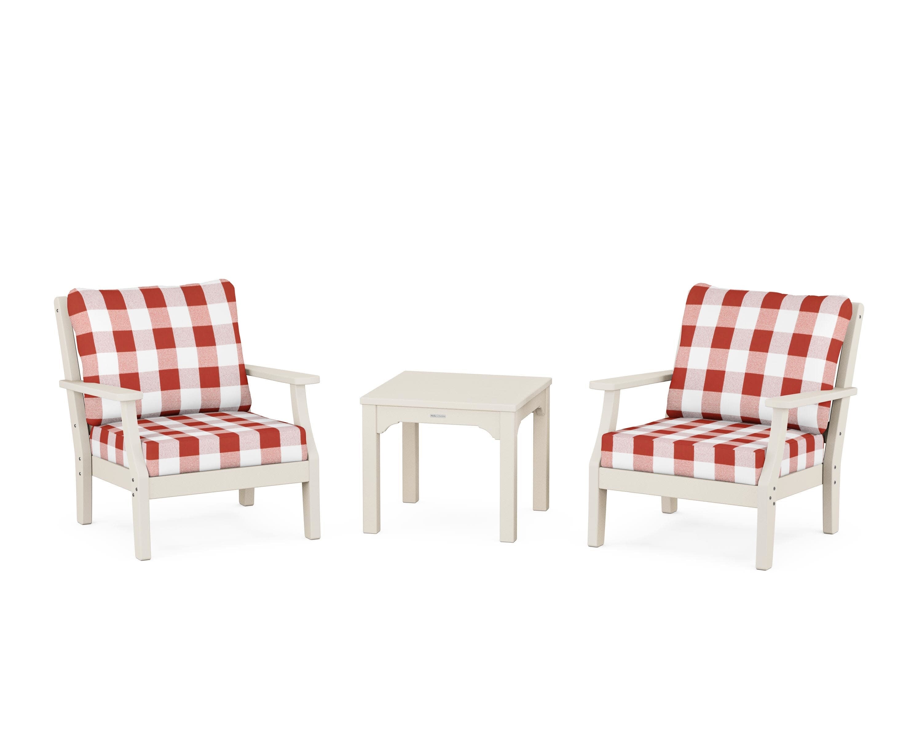 Chinoiserie 3-Piece Deep Seating Set in Sand / Buffalo Plaid Crimson