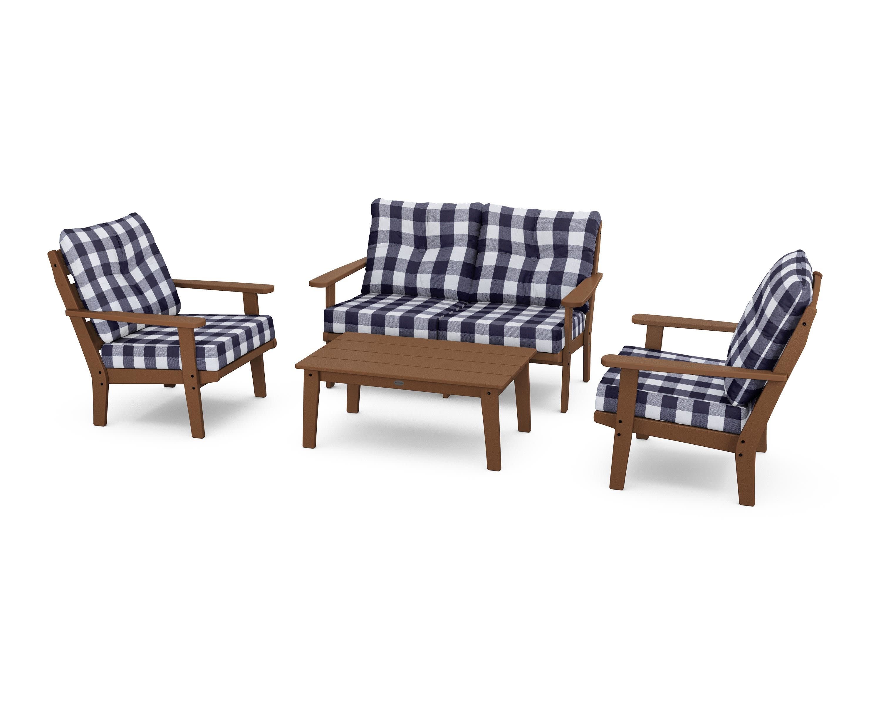 Lakeside 4-Piece Deep Seating Set in Teak / Buffalo Plaid Navy