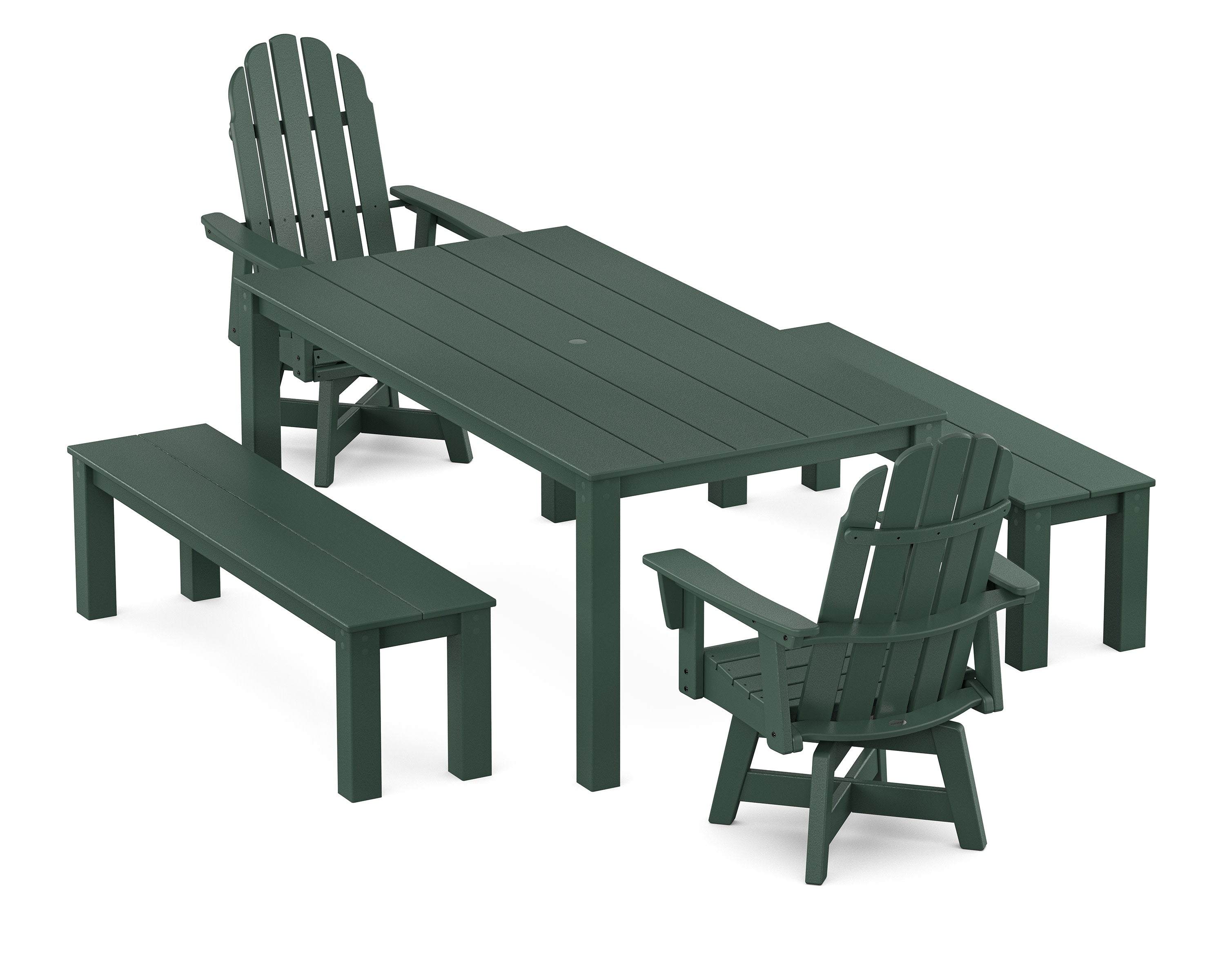 Vineyard Curveback Adirondack 5-Piece Parsons Swivel Dining Set with Benches in Green
