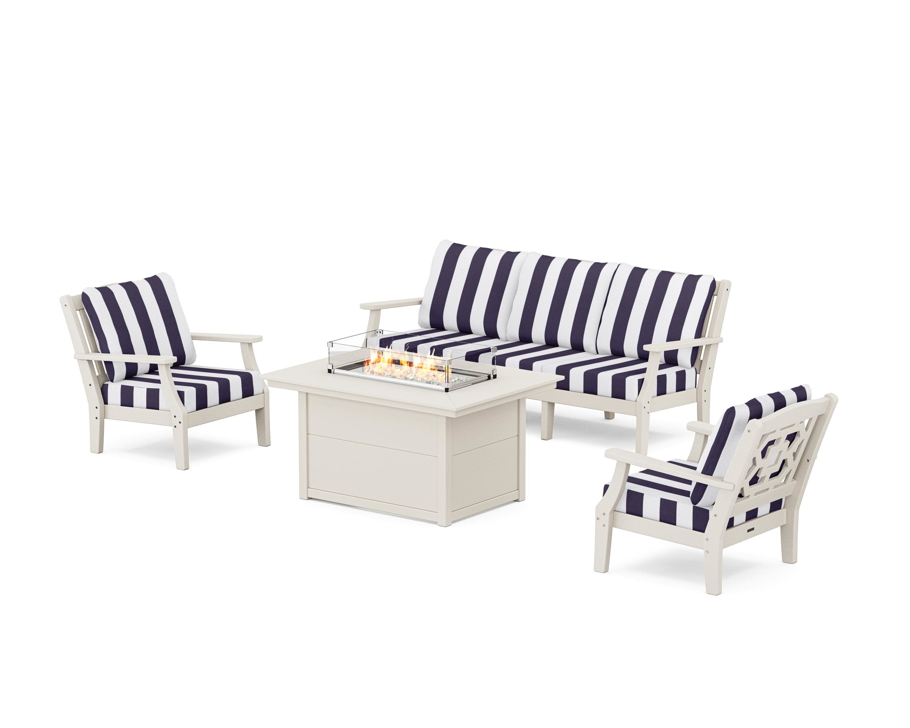 Chinoiserie Deep Seating Fire Pit Table Set in Sand / Cabana Stripe Navy