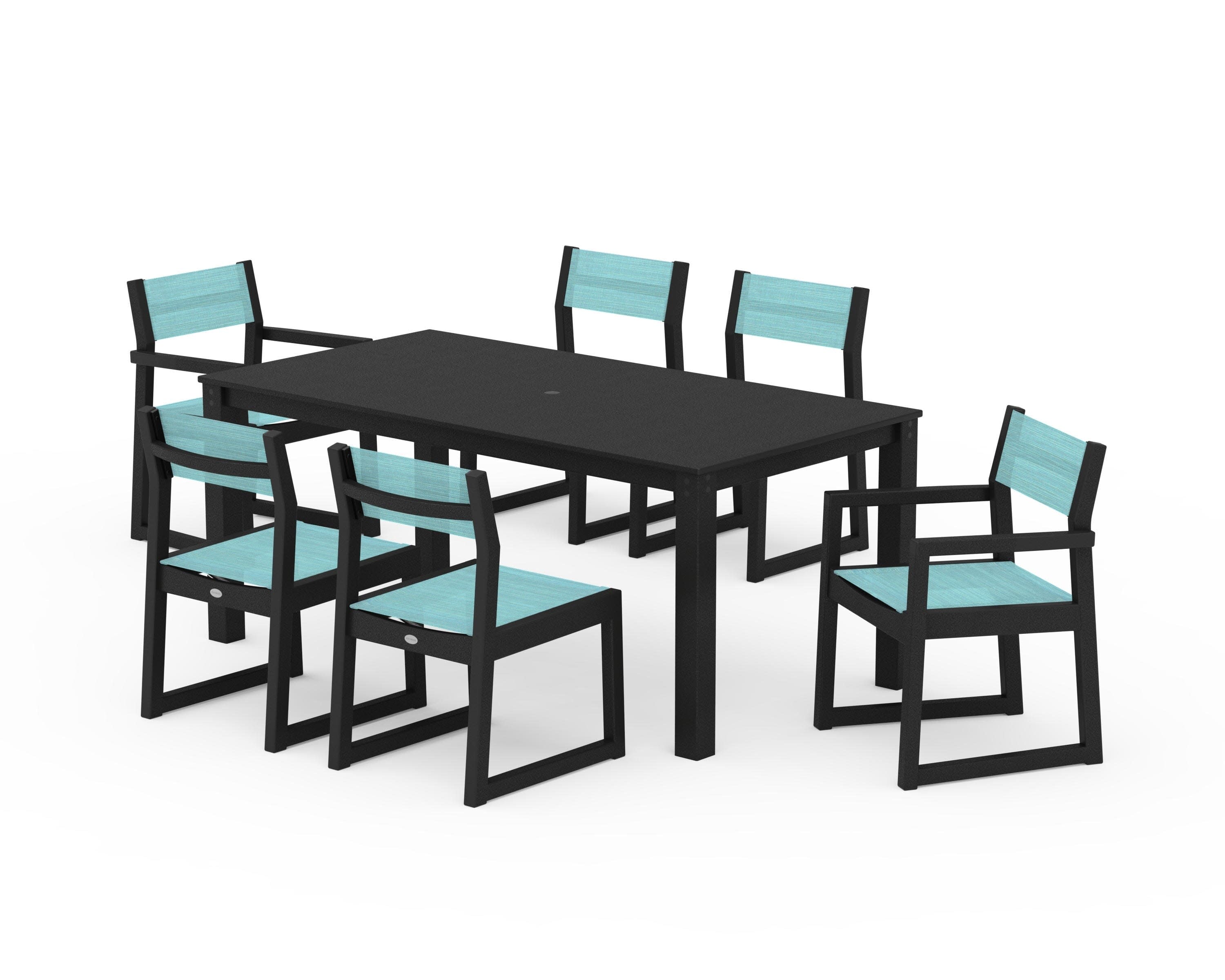 EDGE Sling 7-Piece Parsons Dining Set in Black / Dupioni Aquamarine Sling