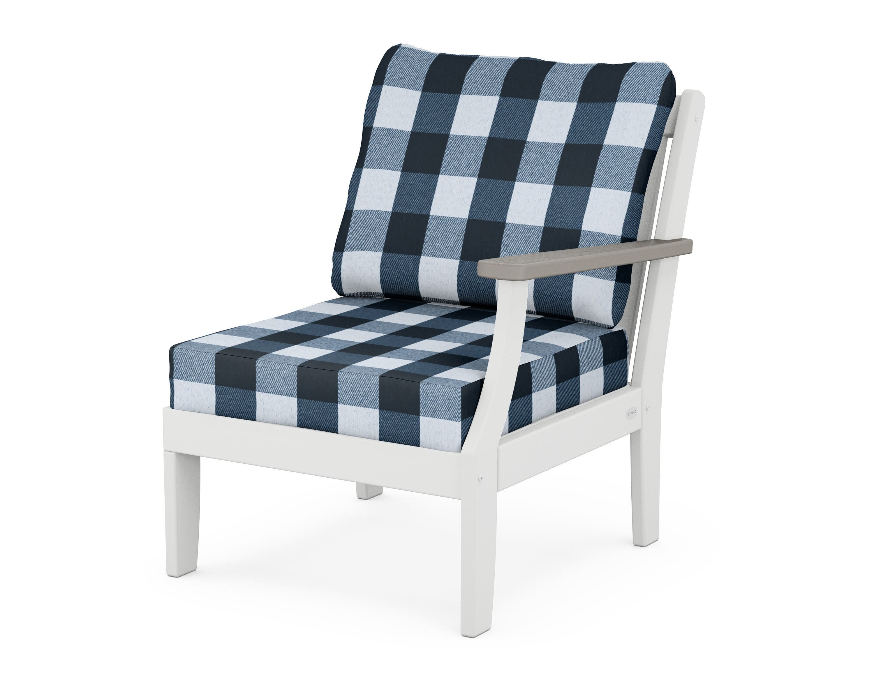 Braxton Modular Right Arm Chair in White / Driftwood / Buffalo Plaid Marine Indigo